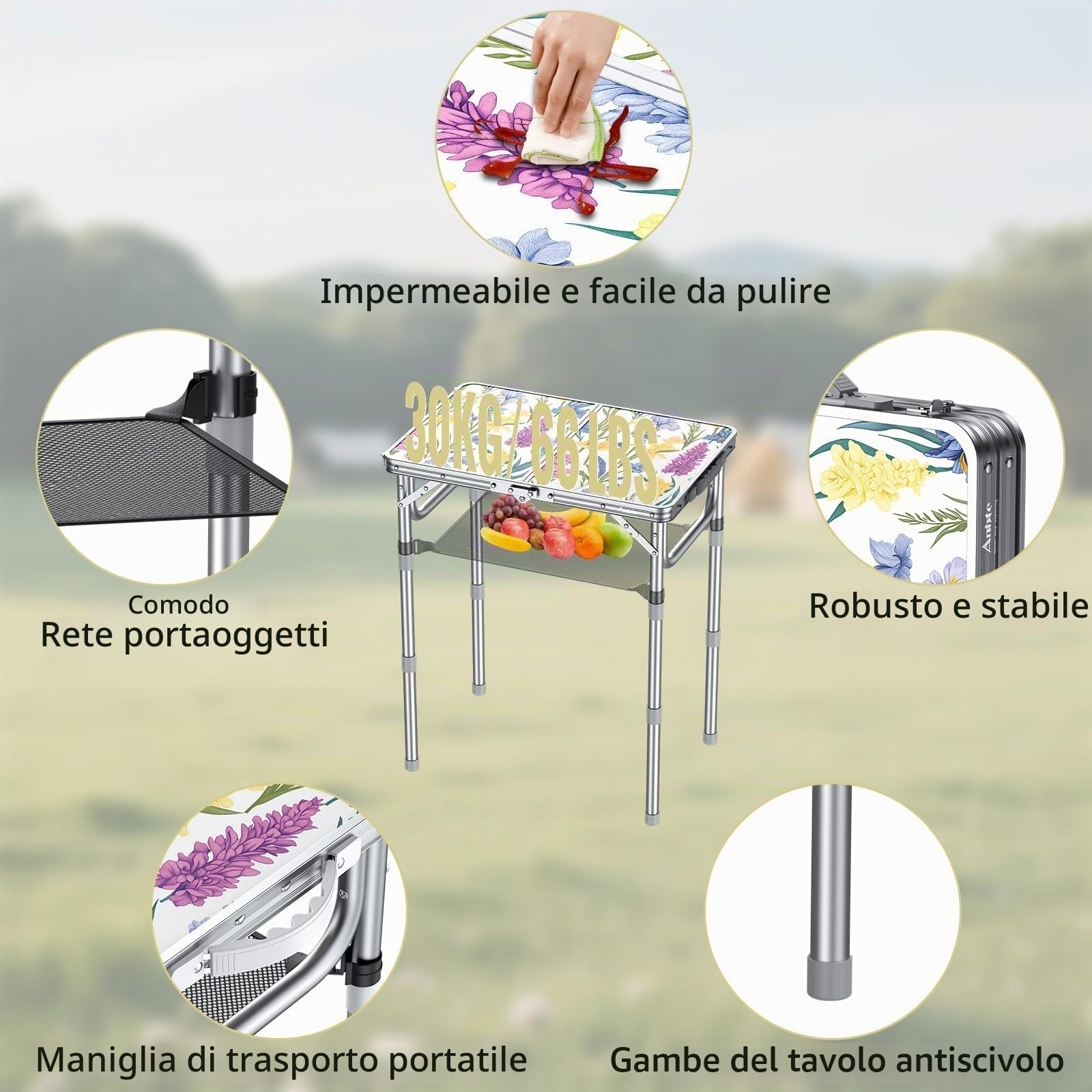 Anbte Tavolo Pieghevole da Esterno con Motivo Decorativo, Argento, 58x40 cm Altezza Regolabile a 70 cm, Piano in MDF Facile da Pulire, Leggero e Stabile per Giardin/Campeggio/Picnic
