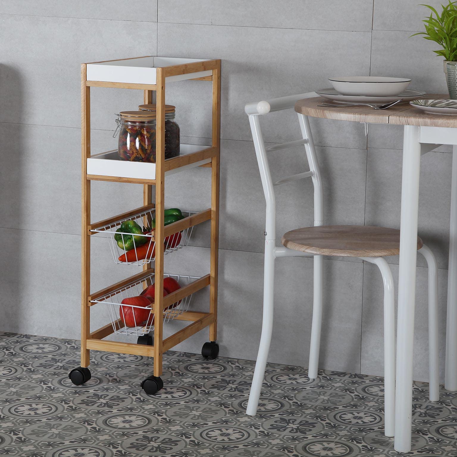 Versa Zenica Carro de Cocina con Ruedas, cajones y botellero, Verdulero con despensa y organizadores, con Ruedas y 4 estantes, Medidas (Al x L x An) 83 x 22 x 40 cm, Madera, Color Marrón y Blanco