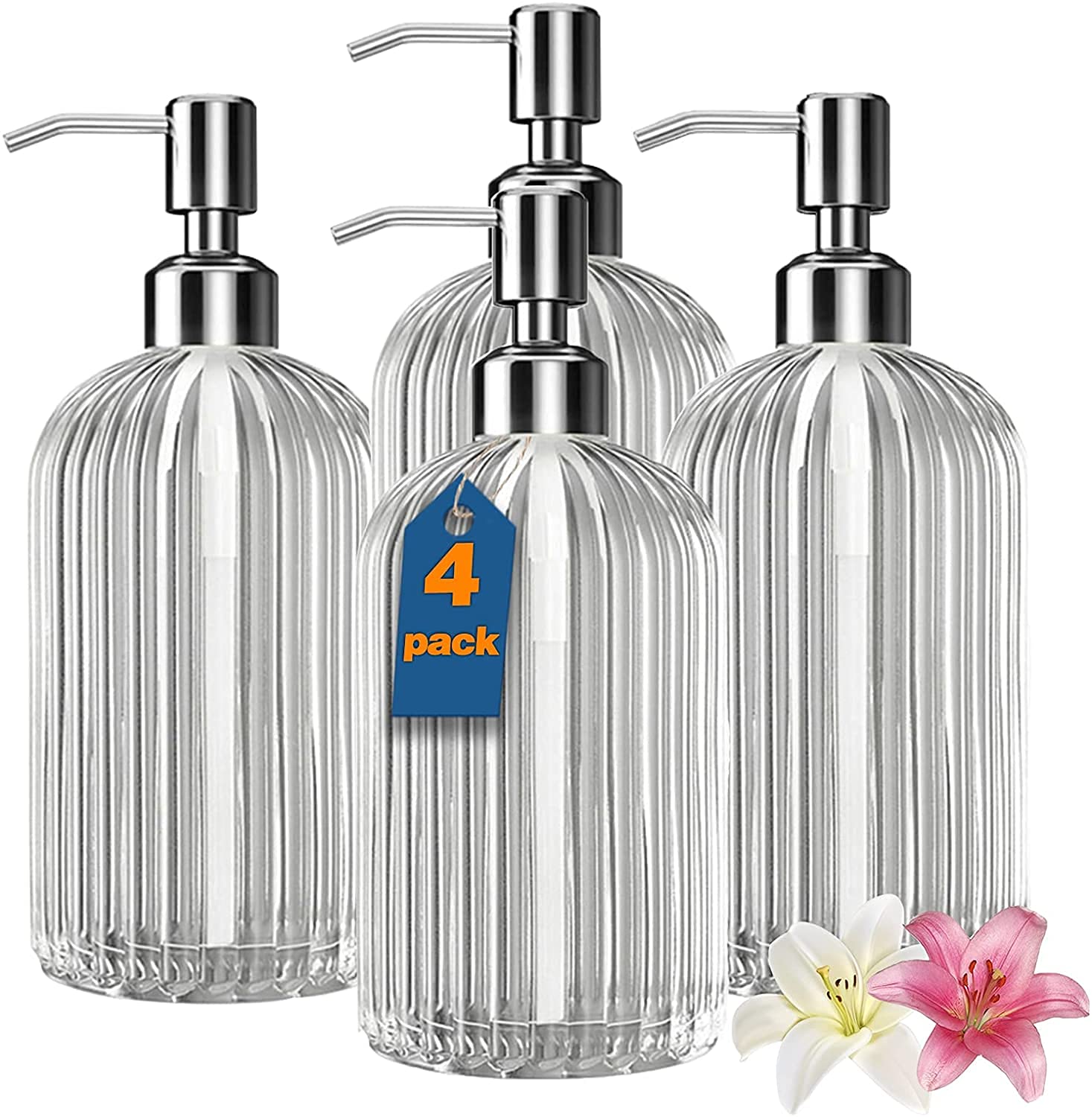Luxansa Pack of 4 Clear Glass Soap Dispenser Set, Liquid Hand Soap Dispenser Bottle with Pump for Bathroom, Wash Basin, Handwash Liquid Bottle, Glass Sanitizer Hand Dish Dispenser for Kitchen