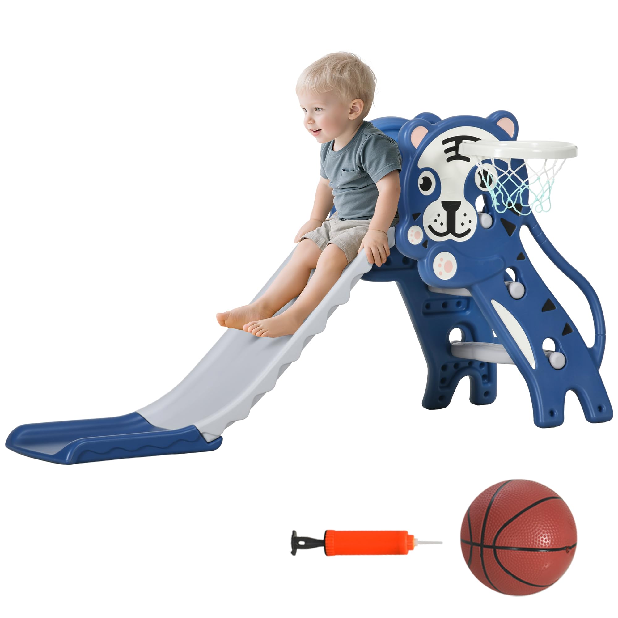 AIYAPLAY Tobogán Infantil 3 en 1 Tobogán para Niños de 18 a 36 Meses con 2 Escaleras 1 Canasta de Baloncesto y Patrón de Animal para Interior 133x60x70 cm Azul y Gris