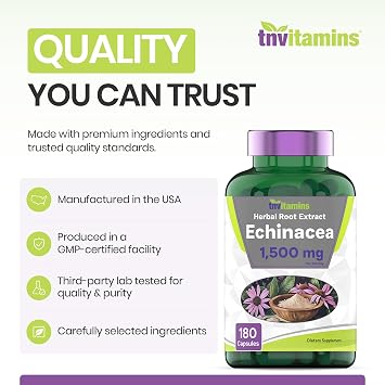 tnvitamins Echinacea Capsules - 180 Capsules (Two Month Supply!) | Immune Health Support* | Herbal Supplement with Echinacea Purpurea | Non-GMO