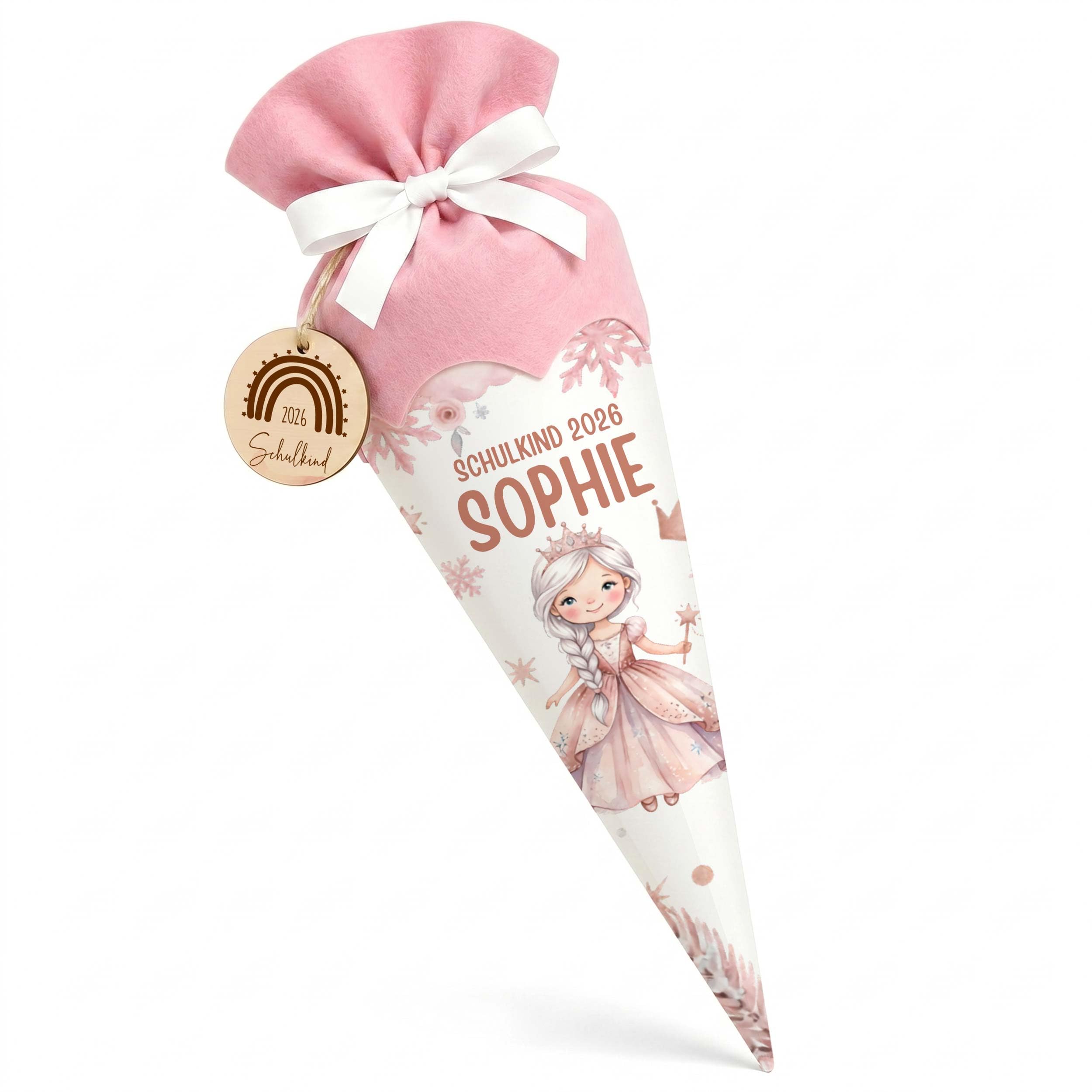 Personalisierte Schultüte mit Rohling, Filz-Stoff & Holzschild, Zuckertüte zur Einschulung Mädchen & Jungen, Einschulungsgeschenk 2026 - Prinzessin (Rosa)