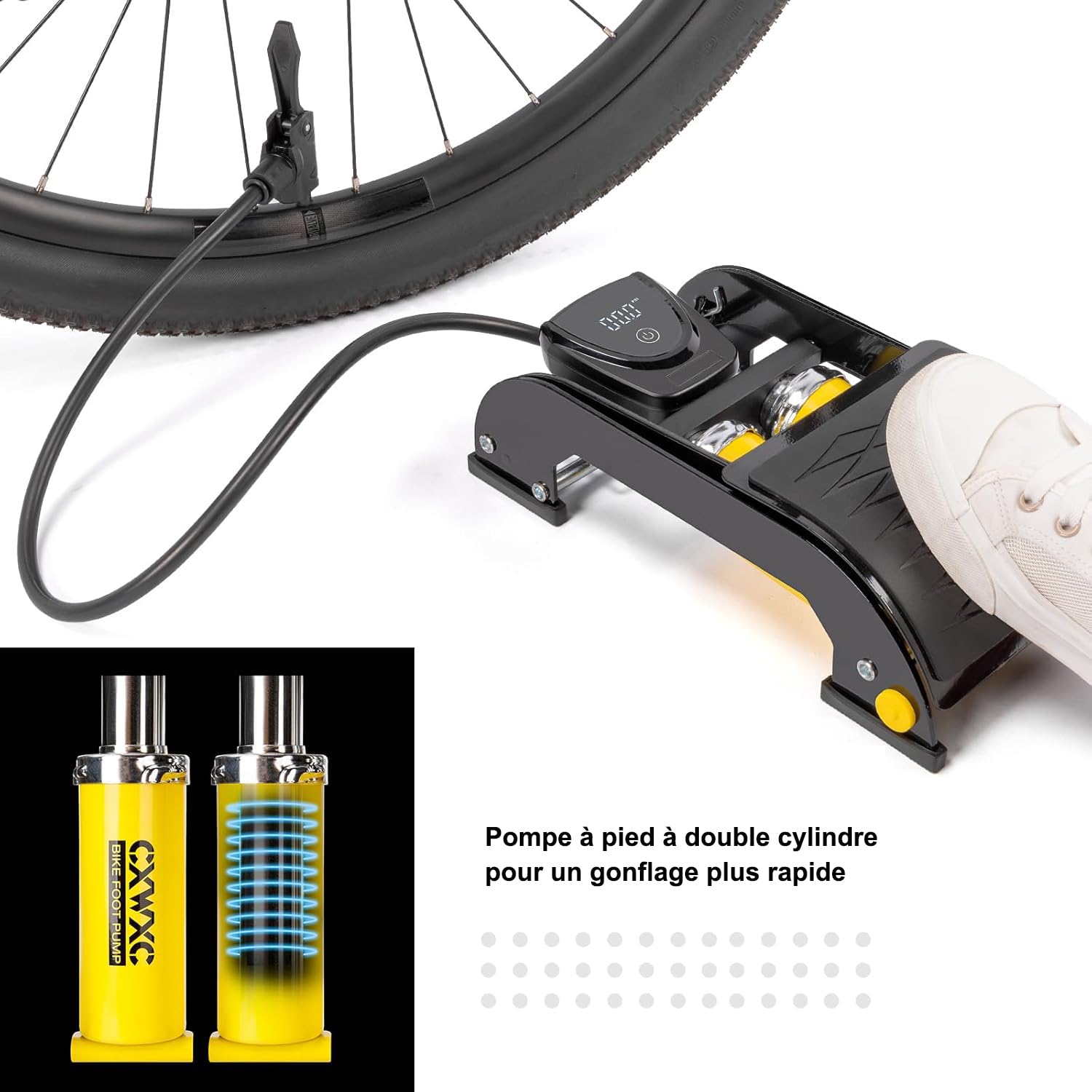 CXWXC Pompe à pied avec manomètre numérique 160 PSI – Pompe à air double cylindre compatible avec valves Schrader et Presta – Pour vélos, motos, ballons, gonflables, matelas pneumatiques et équipement