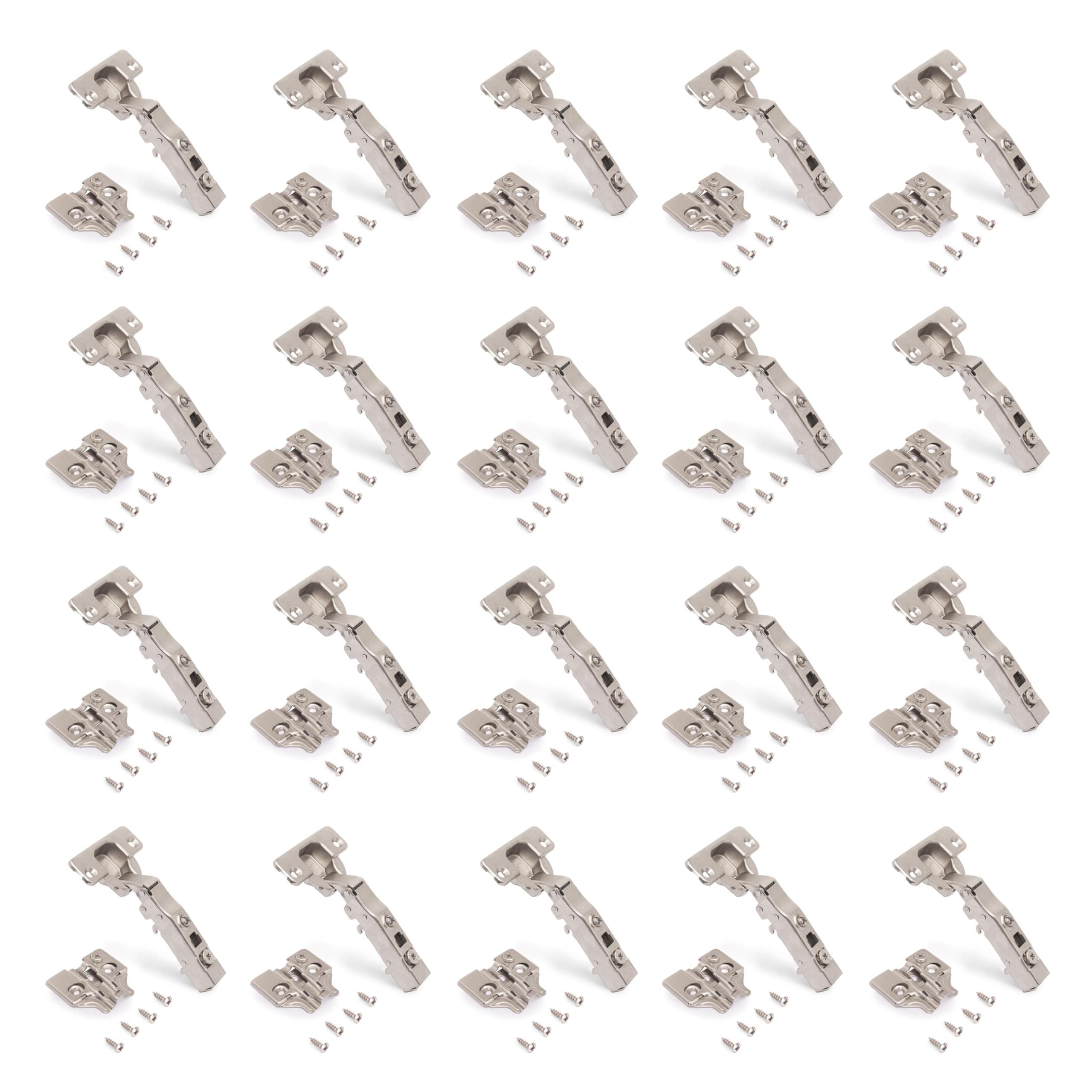 Emuca Satin Nickel - Kit Of 20 Full Overlay Hinges X91. Ø35mm. 105° Opening, Soft Closing For Overlapping Doors And Screw-On Supplements With Eccentric Adjustment