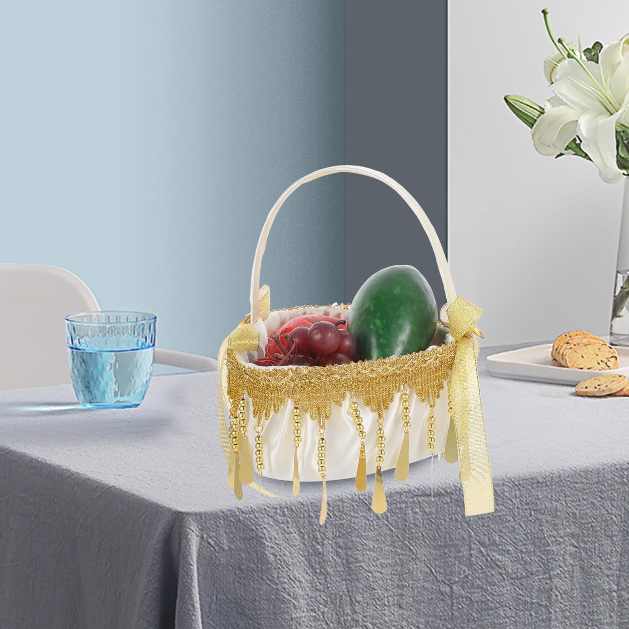 Cabilock Rustic Flower Girl Baskets for Wedding Lace Flower Basket Heart Design Gold Bowknot for Wedding Party Supplies