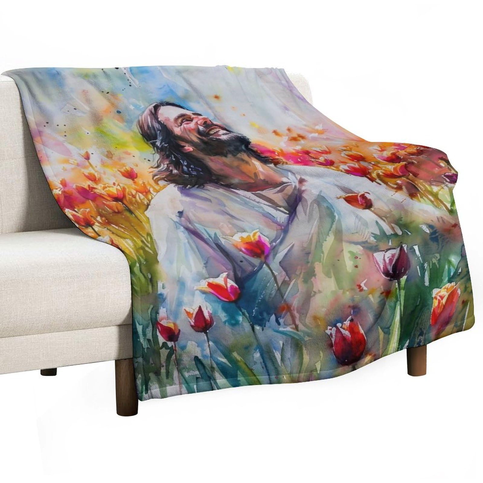 YHGSREUOH Jesus in Tulip Field 03 Flannel Blankets Fleece Soft Throw Lightweight Plush Gifts for Couch, Bed, Cozy Sofa Plush, Chair, Lovers 130x175cm(50x70in)