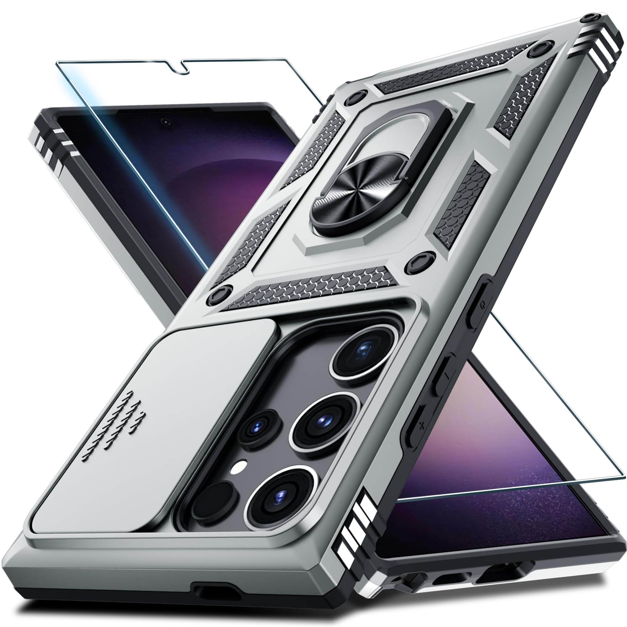 Janmitta Compatible with Samsung Galaxy S25 Ultra Case Built in Slide Camera Lens Cover+Screen Protector+Finger Ring Holder Kickstand,Heavy Duty