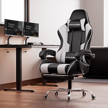GTPlayer Gaming Chair with Ottoman, Gaming Chair, 140° Reclining, High Back, Head Rest, Armrest, Lumbar Support, Breathable Seat, PU Leather with Air Holes, Telework Chair, Computer Chair, White PL800