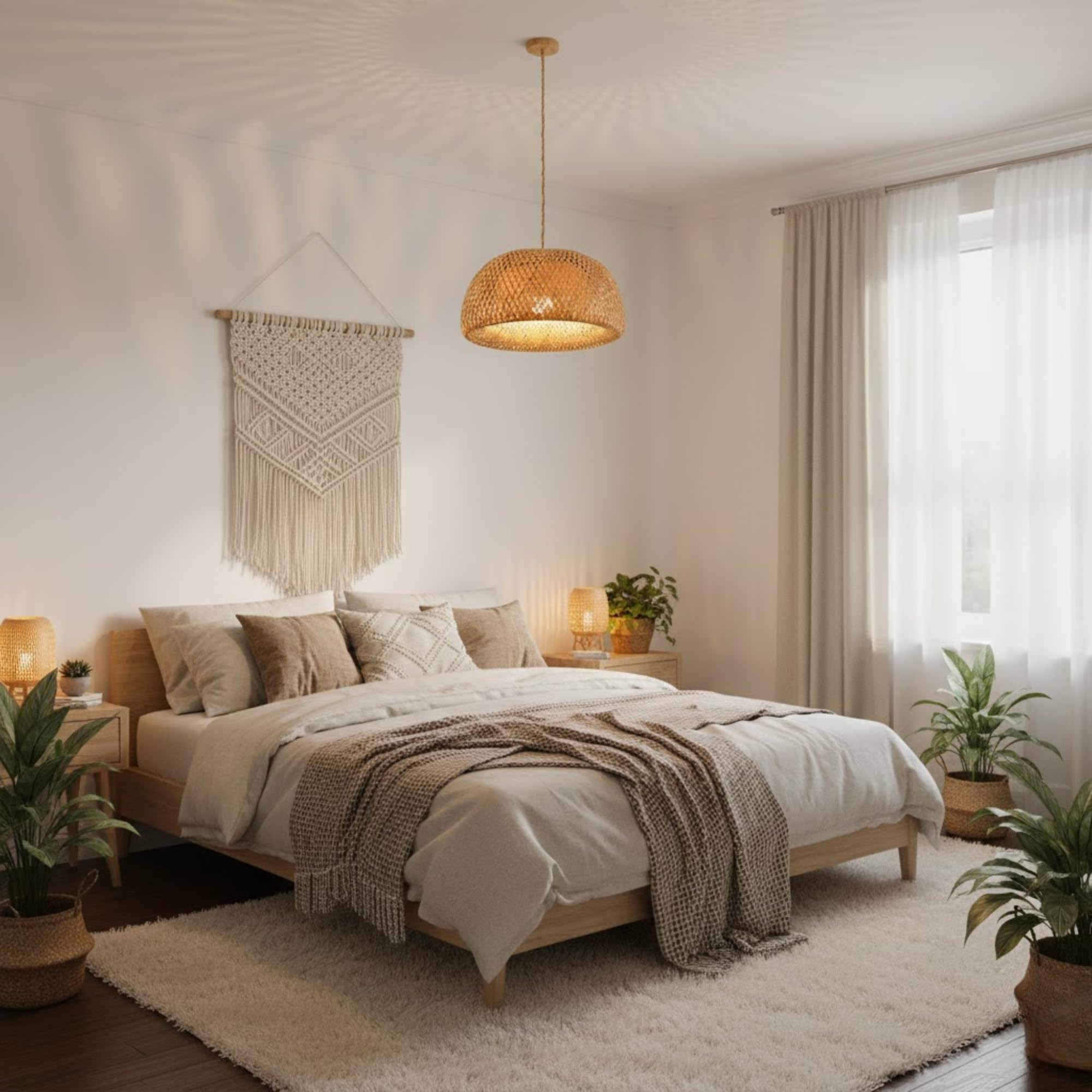 BARCELONA LED - Lámpara colgante de mimbre Hanna. Estilo Boho Rústica – Pantalla artesanal natural, Cable ajustable de Cuerda – Lámpara colgante para isla cocina, dormitorio, comedor o salón