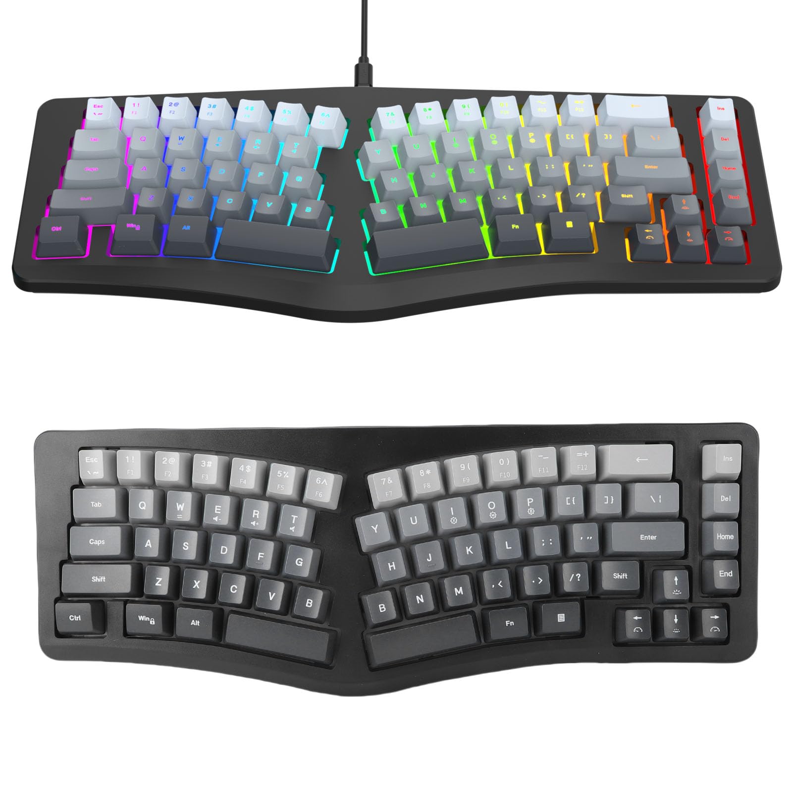 Zunate Tastiera USB Ergonomica Cablata, 69 Tasti Retroilluminati RGB Tipo C PC Tasti Ondulati Rimovibili La Tastiera Divisa da Gioco Supporta 25 Tasti Senza Conflitti Compatta per