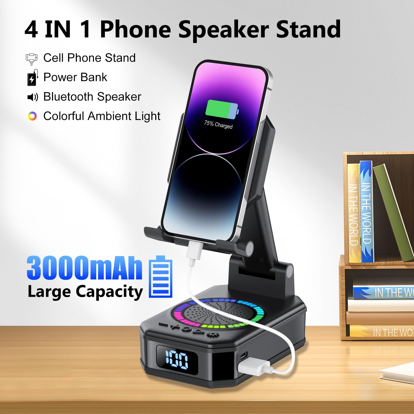 Altavoz Bluetooth Pequeño, Altavoz Portátil Bluetooth con Soporte para Móvil, Base Antideslizante, Sonido Envolvente HD, Recargable, Regalo Original para Hombre Mujer, Compatible con iOS y Android - 3
