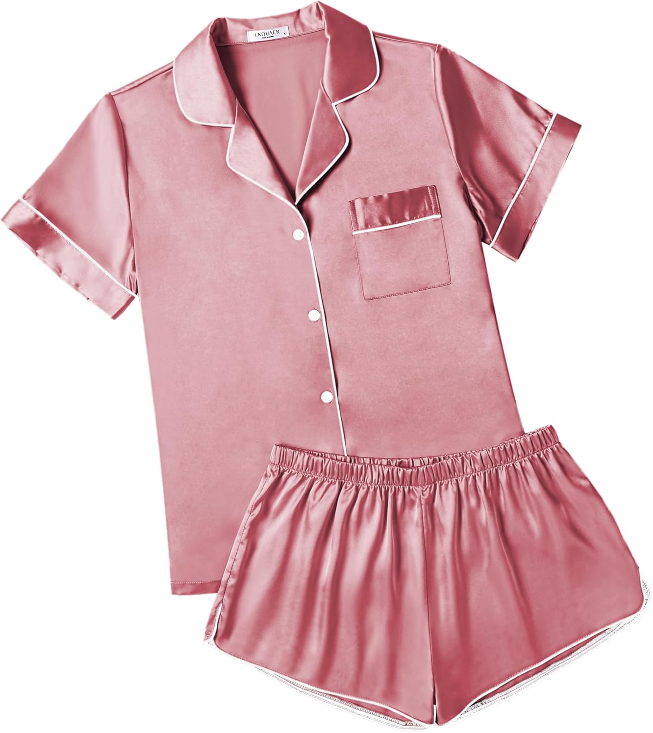 Ekouaer Womens Silk Satin Pajamas Short Sleeve Sleepwear Soft Button Down Loungewear 2 Piece PJS Shorts Set S-XXL