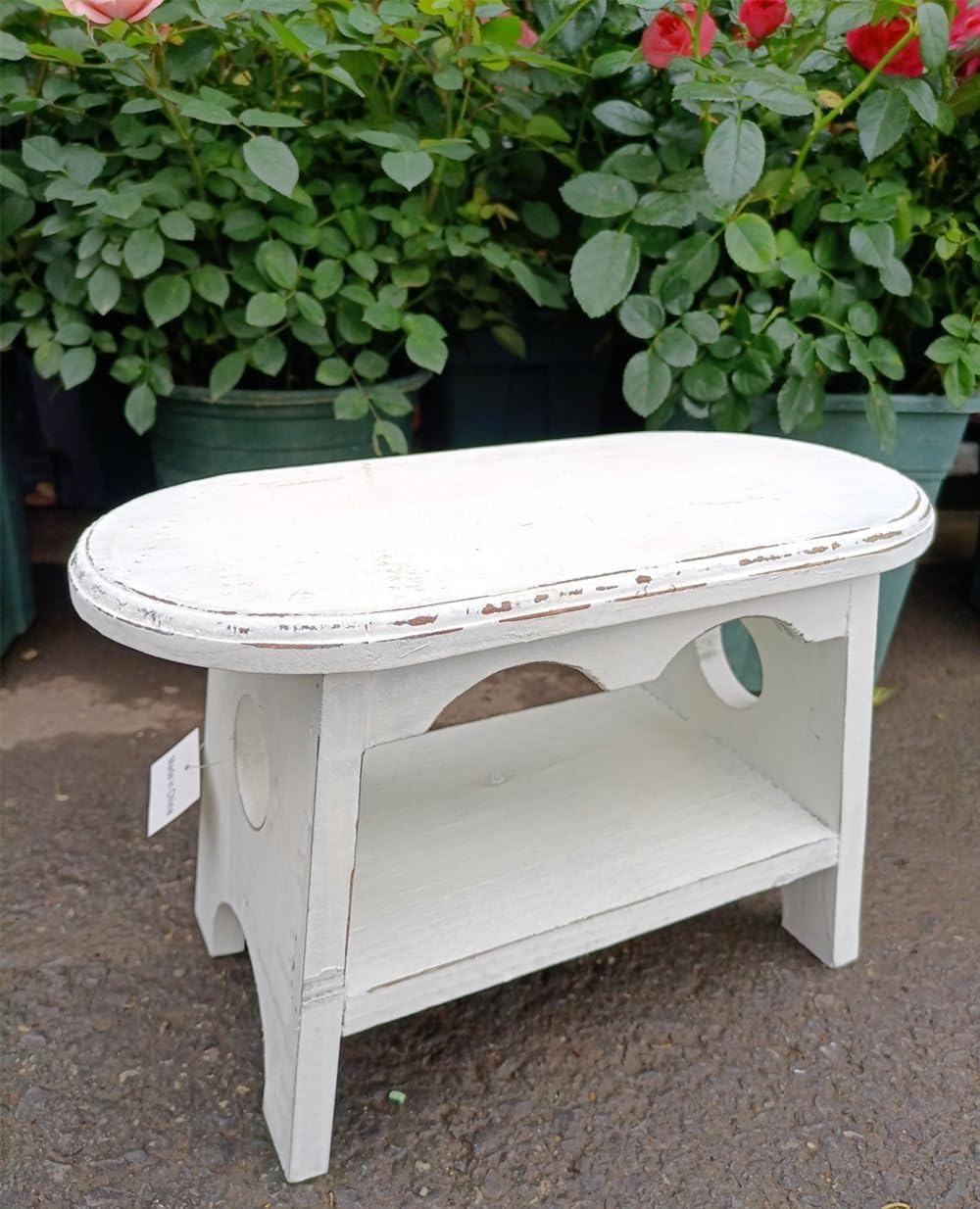 Panca In Legno Vintage TentHome – Sgabello Ovale Per Bambini, Poggiapiedi Rustico, 32x16x21 Cm, Bianco