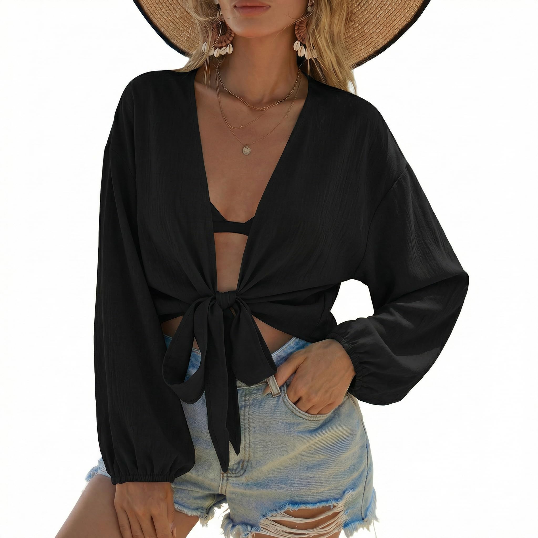 Ekouaer Womens Swimsuit Cover Ups Tie Front Long Sleeve Top Kimono for Women Bikini Shirt Summer Cardigan