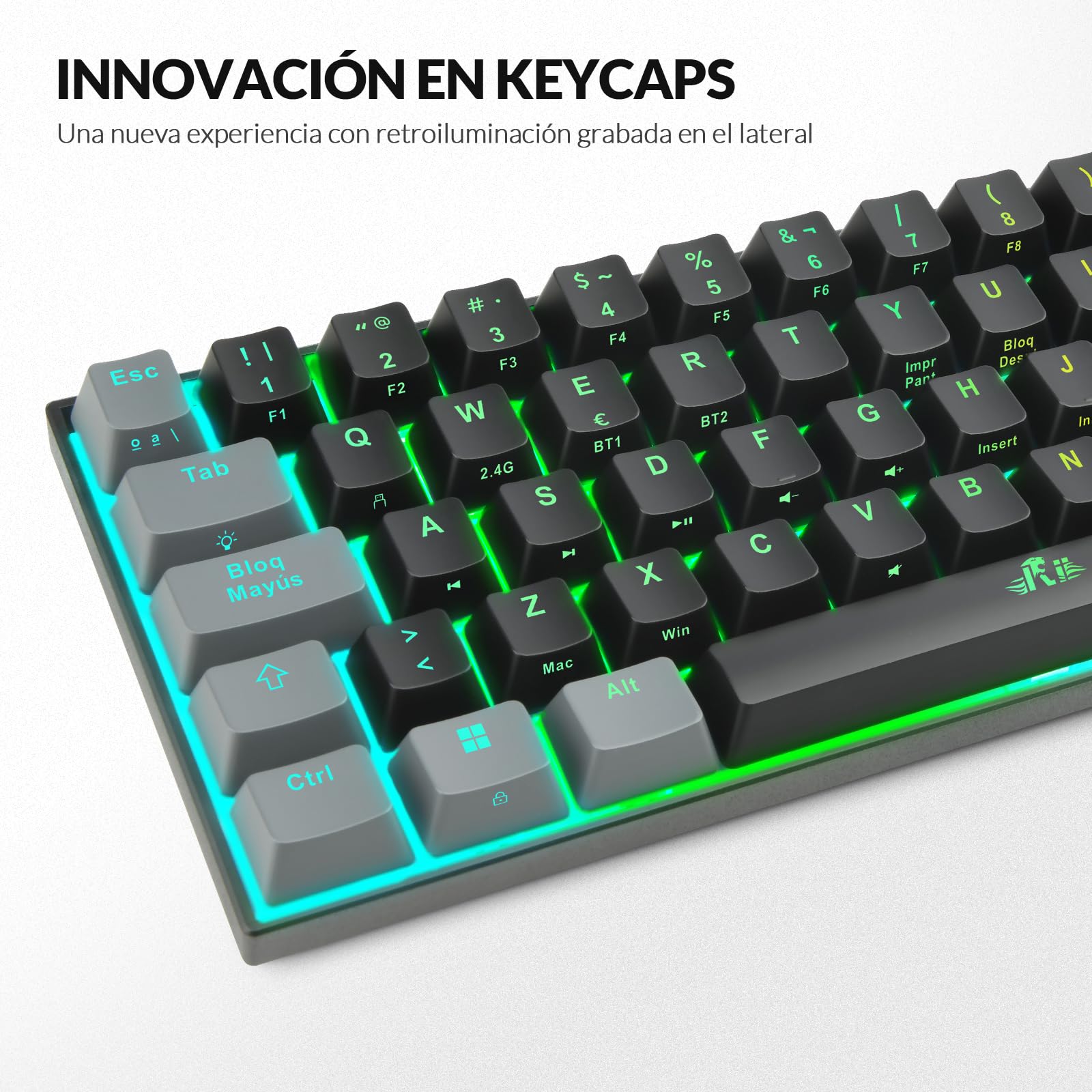Rii RK802 Teclado Gaming Mecánico, 3 Modos de Conectividad, Retroiluminación RGB, 60% Layout Español (Interruptores Rojos)