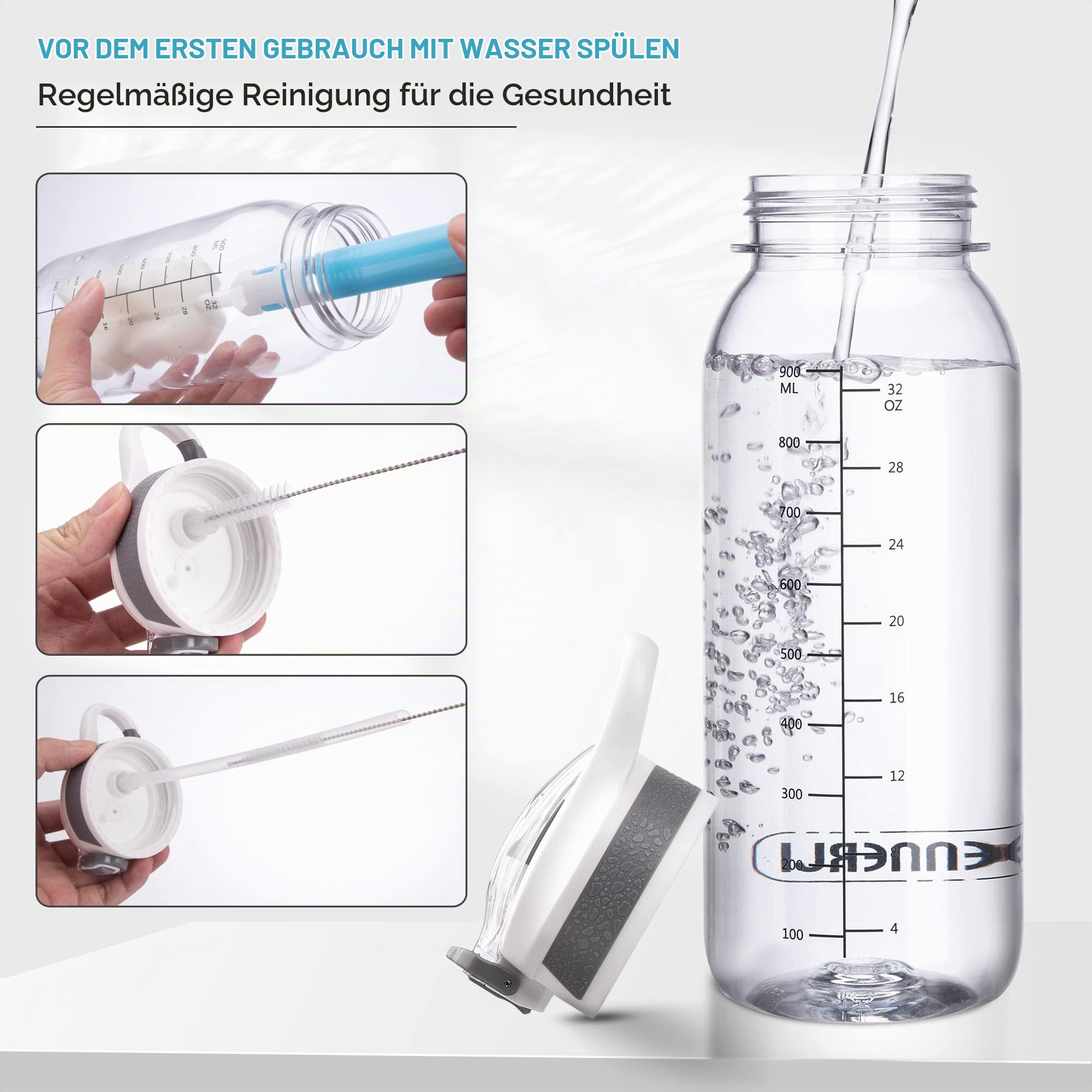 Wasserflasche, BPA-frei, 900 ml, mit Strohhalm-Deckel, auslaufsicher, Tritan-Wasserkrüge, spülmaschinenfest, Trinken für Zuhause, Fitness, Outdoor, Wandern, Workouts (N-1L, transparent)
