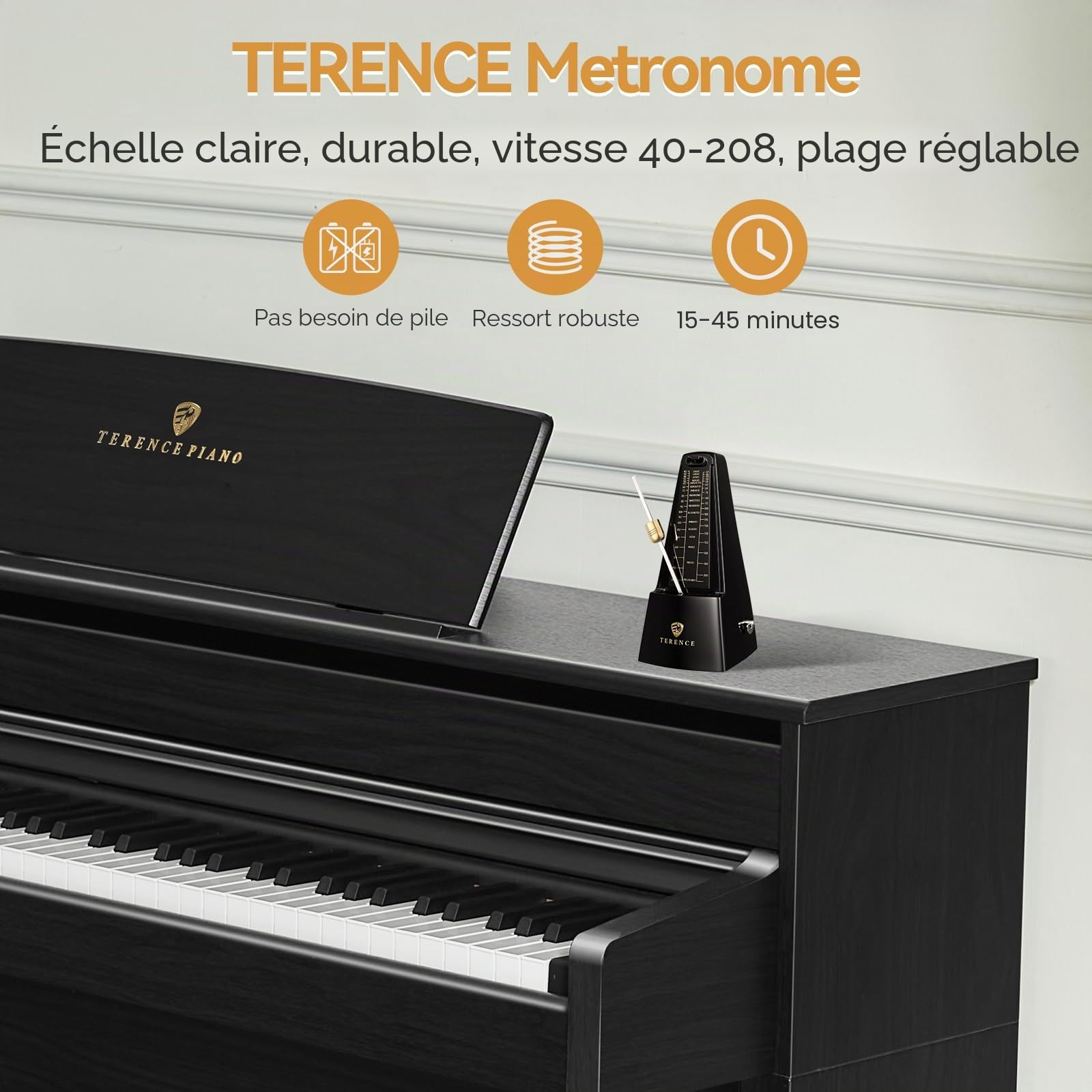 Métronome mécanique TERENCE métronome de haute précision son puissant adapté au piano violon clavier guitare basse guzheng batterie Qinge, adapté aux adultes, enfants, débutants, professionnels, noir