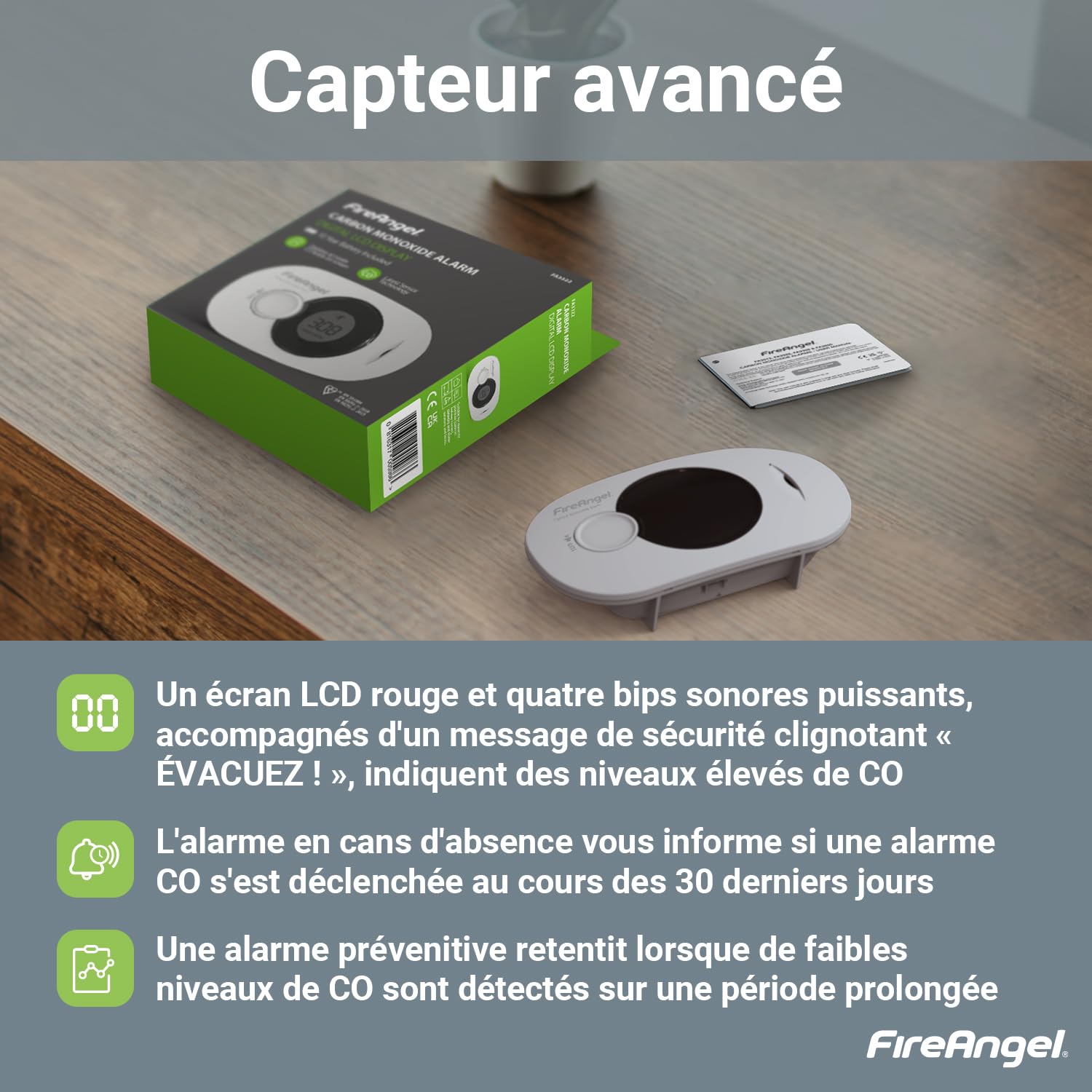 FireAngel FA3322, Détecteur de Monoxyde de Carbone Numérique, Moniteur de Détecteur de CO, capteur d'humidité et température Portable avec Pile 10 Ans, NF certifié