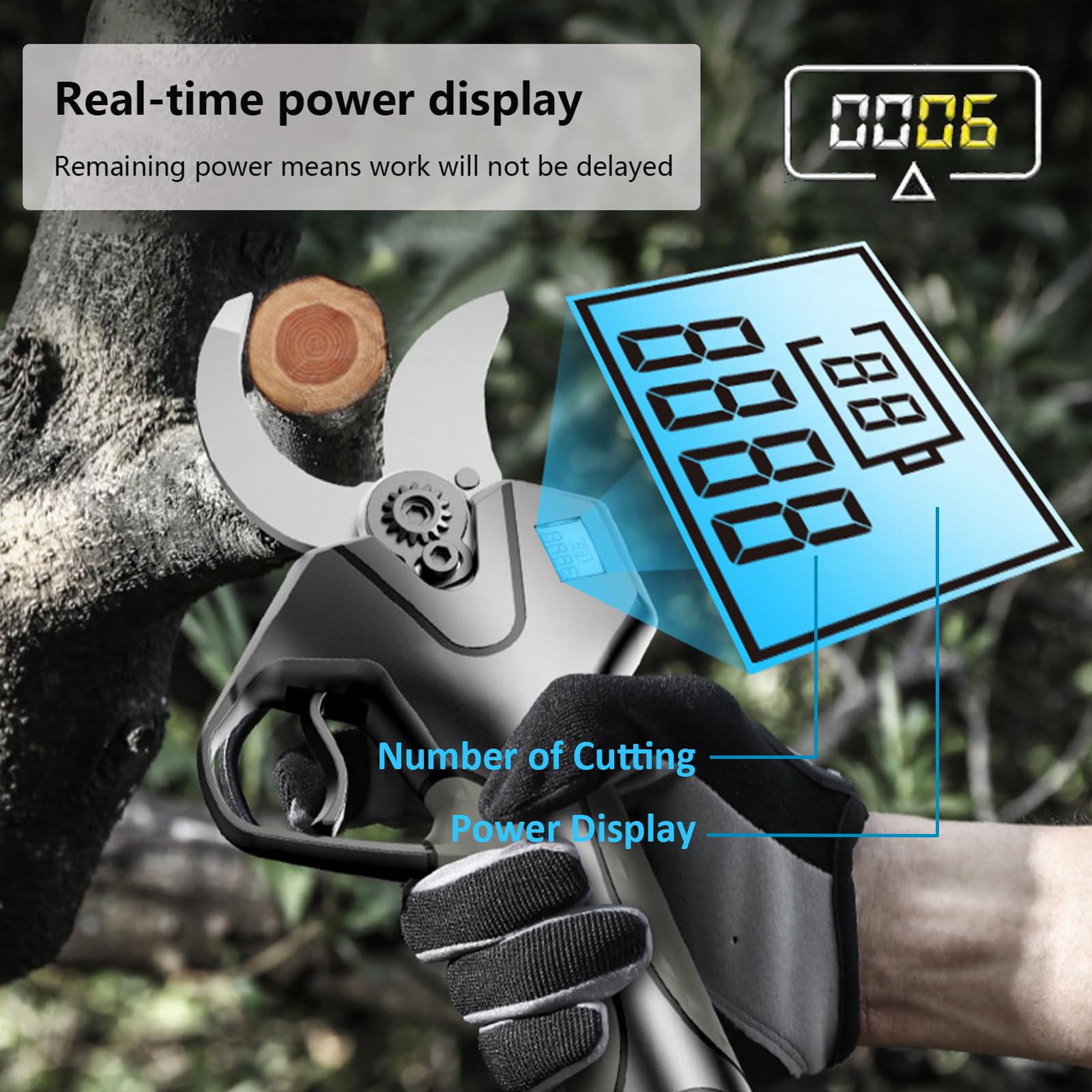 Tijeras de podar eléctricas, cortador de ramas con mango extensible, baterías recargables de 2000 mAh y cuchillas de repuesto, herramienta de jardinería profesional para ramas altas,2Batteries