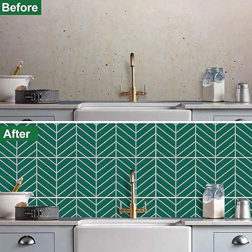 Miniatura 5 de Azulejos de despegar y pegar, azulejos de pared de mosaico de cocina con patrón de sarga verde, azulejos autoadhesivos de vinilo para pared de