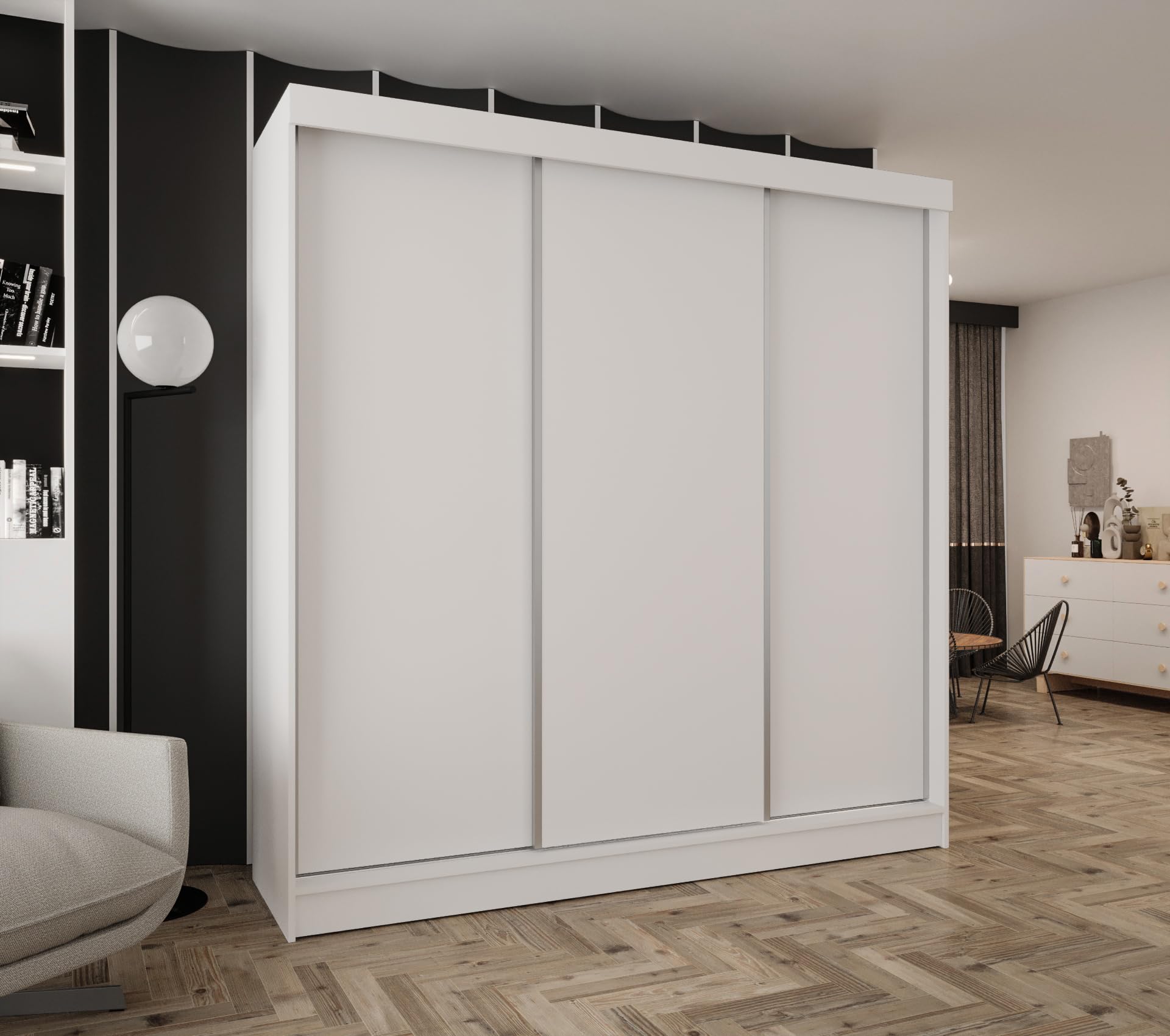 Kleiderschrank mit Schiebetüren 170cm breit Weiß 170x205 cm | 2 Kleiderstangen, Ohne Schubladen, MDF Platte, Inklusive Montageset, Mit Einlegeböden, Viel Stauraum, Praktische Aufteilung