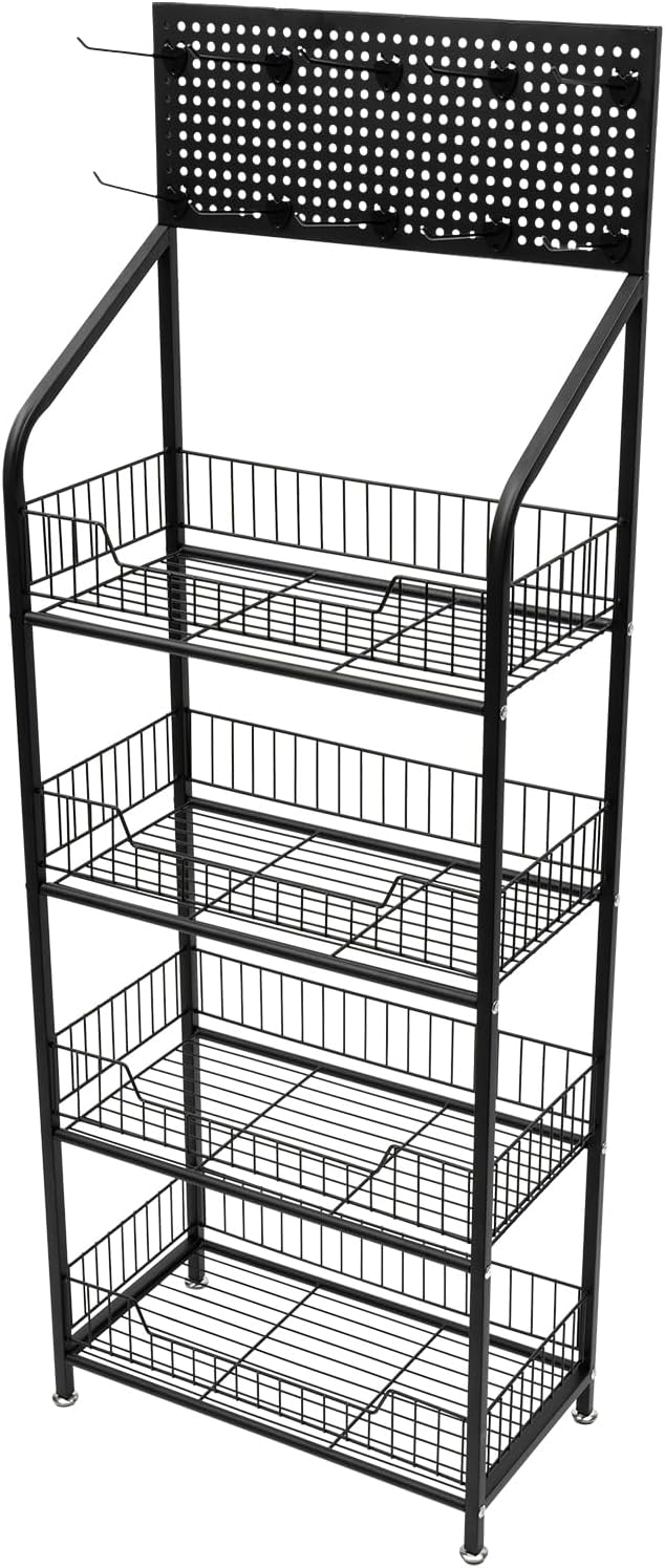 4 Tier Retail Display Rack Stand Snack Candy Display Organizer Snack Rack Basket Stand Cart with Wheels and 10 Hooks