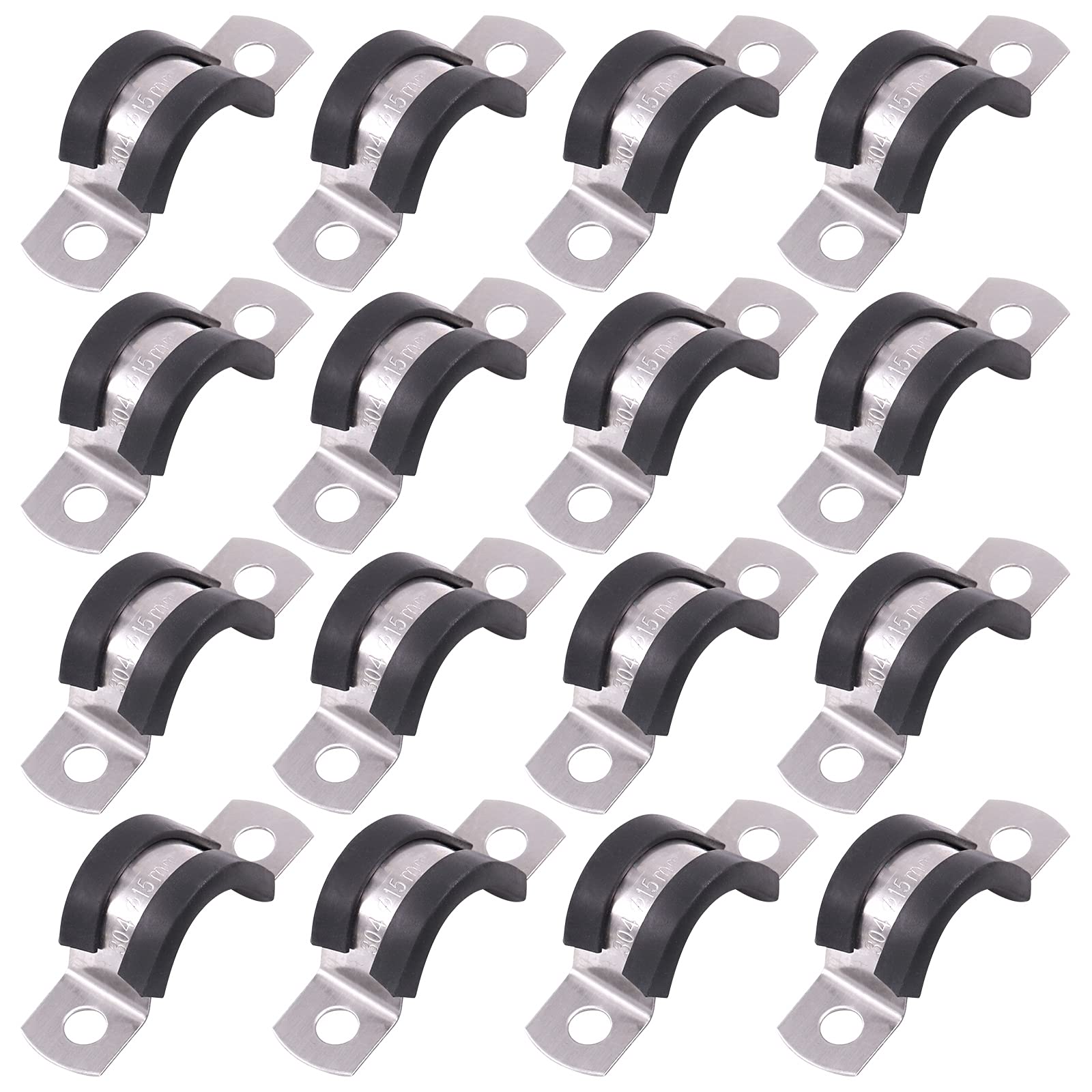 Glarks 16Pcs 15MM 2 Hole U-Tube Strap Clamp Set 304 Stainless Steel Rubber Cushion Rigid Pipe Strap U Bracket Tube Strap Assortment Kit For Pipe Tube Fixing (15mm)