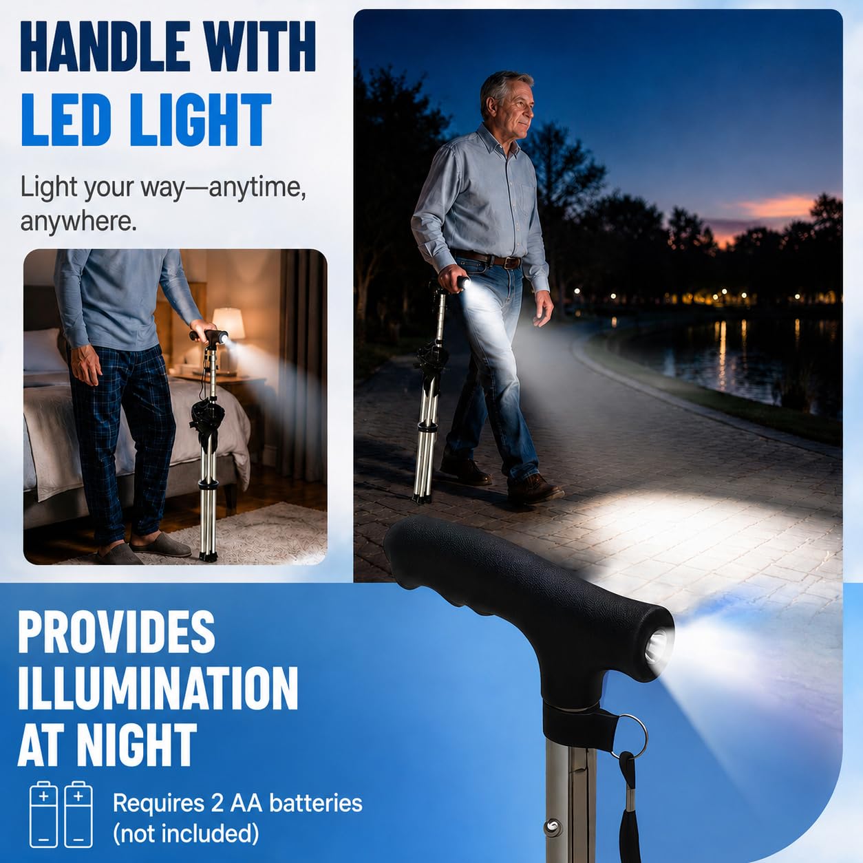 Canne Siège & Lampe de Poche LED, Réglable 74-96 cm, Canne de Marche Pliante Légère pour Seniors, Capacité 150 kg, Idéale pour Quotidien, Randonnée et Activités en Plein Air (Piles Non Incluses)