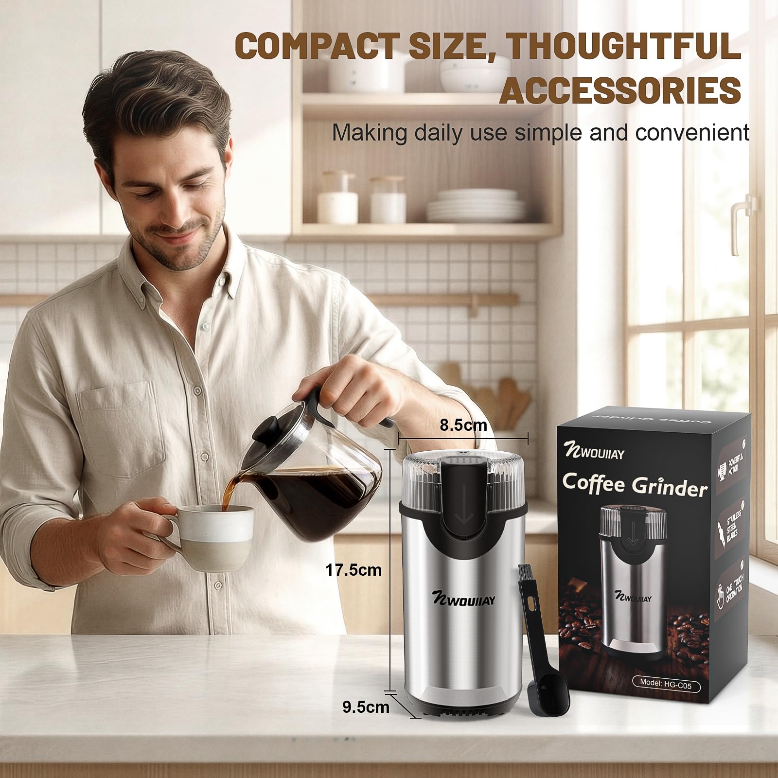 Macinacaffè Elettrico 300W Capacità 80g e Lama in Acciaio Inossidabile Macinacaffè Versatile, Adatto per Macinare Chicchi di Caffè, Spezie Facile da Usare e Pulire Perfetto per Casa o Viaggi