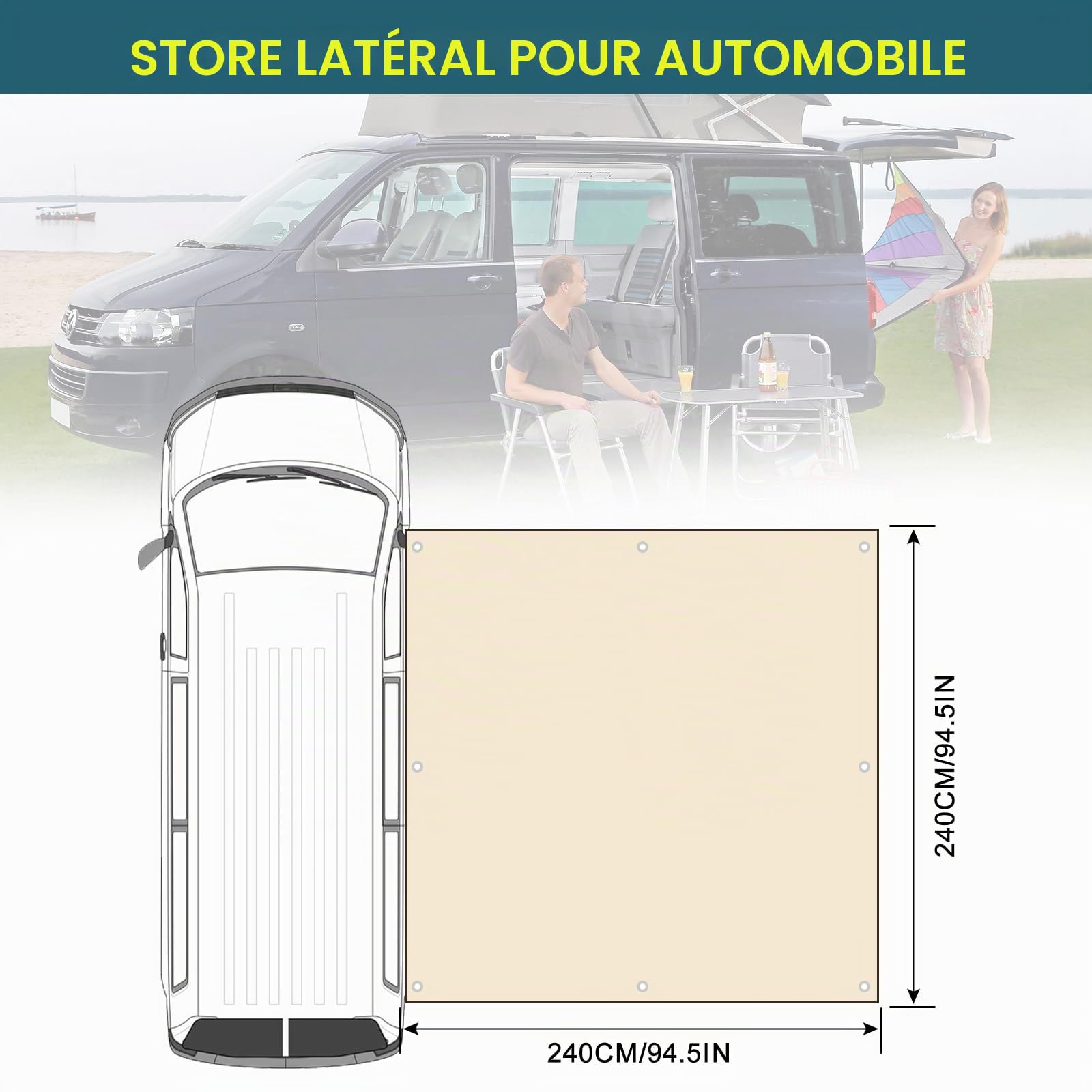 Auvent de Voiture Universel, Auvent Hydrofuge 240 cm/95 Pouces, Voile Ombrage de Voiture pour Camping avec Kits Complets, Montage À Ventouse Flexible