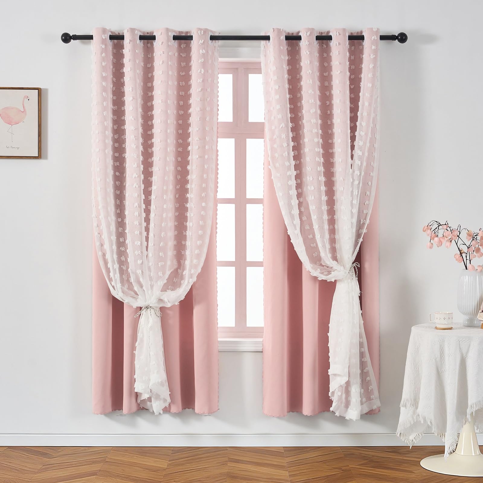 Pink Blackout Pom Pom Sheer Curtain for Girls Bedroom 2 Panels, Double Layered Curtain with White Overlay, Light Blush Baby Toddler Nursery Curtains 84 Inches Long, Cute Boho Window Drapes