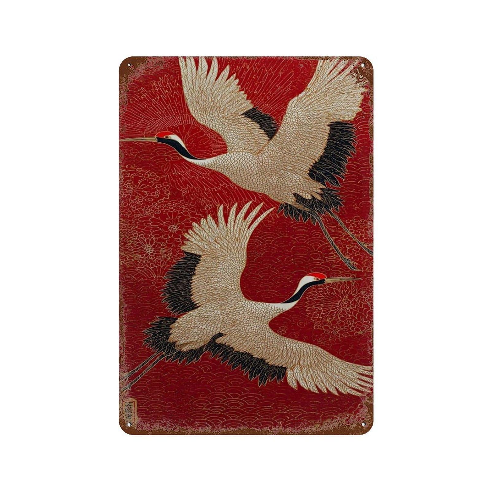 xiaoxiaoshen Japanese Crane – Red And Gold Oriental Bird Traditional Asian Elegant Wall Decor Art Metal Tin Poster Modern Home Decor Art Home Bar Shop Decorations Vintage Sign 30x20cm