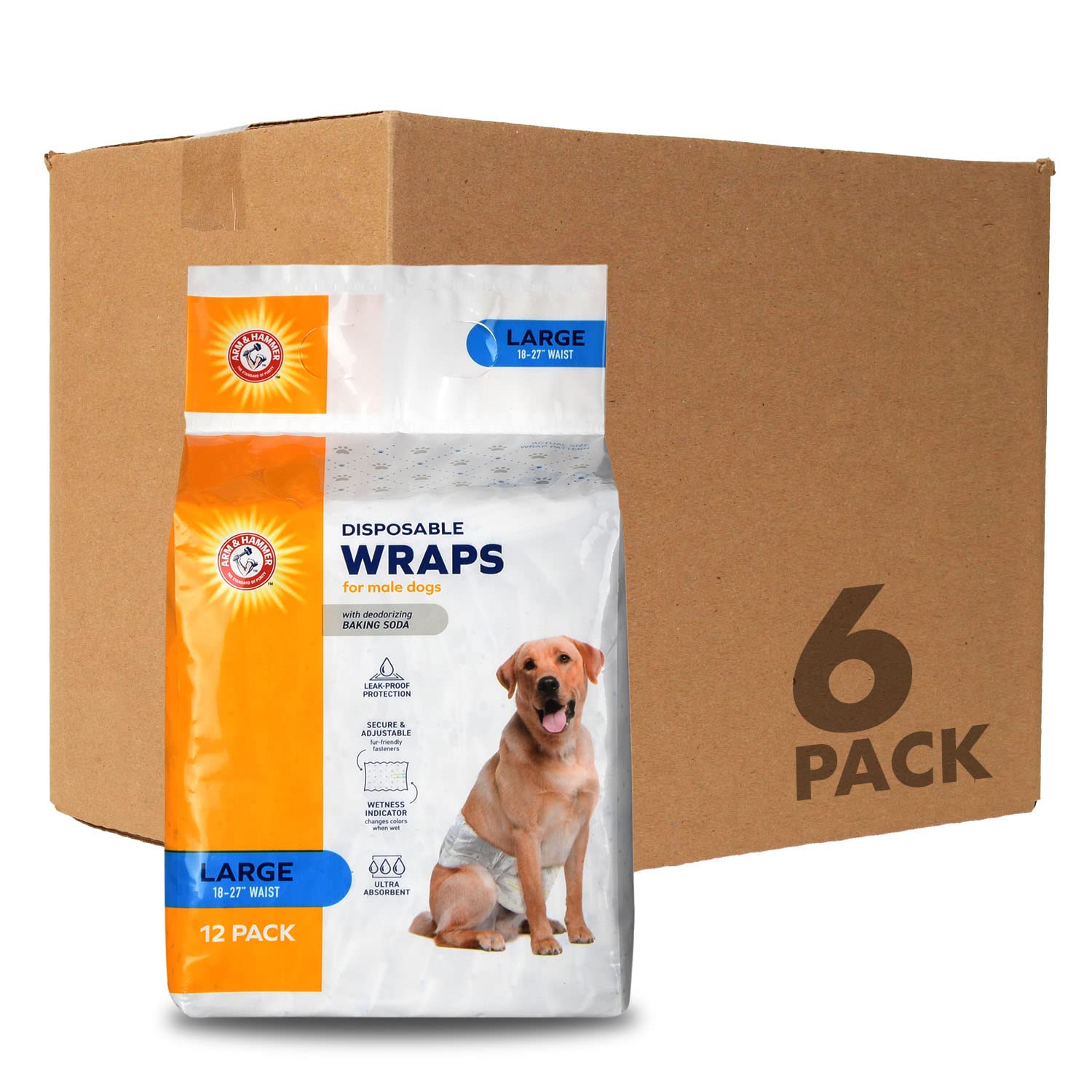 Arm & Hammer for Pets Male Dog Wraps, Size Large, 72 Count | Ultra-Absorbent, Adjustable Male Dog Diapers with Leak-Proof Protection and Wetness Indicator for Large Dogs, pack of 6