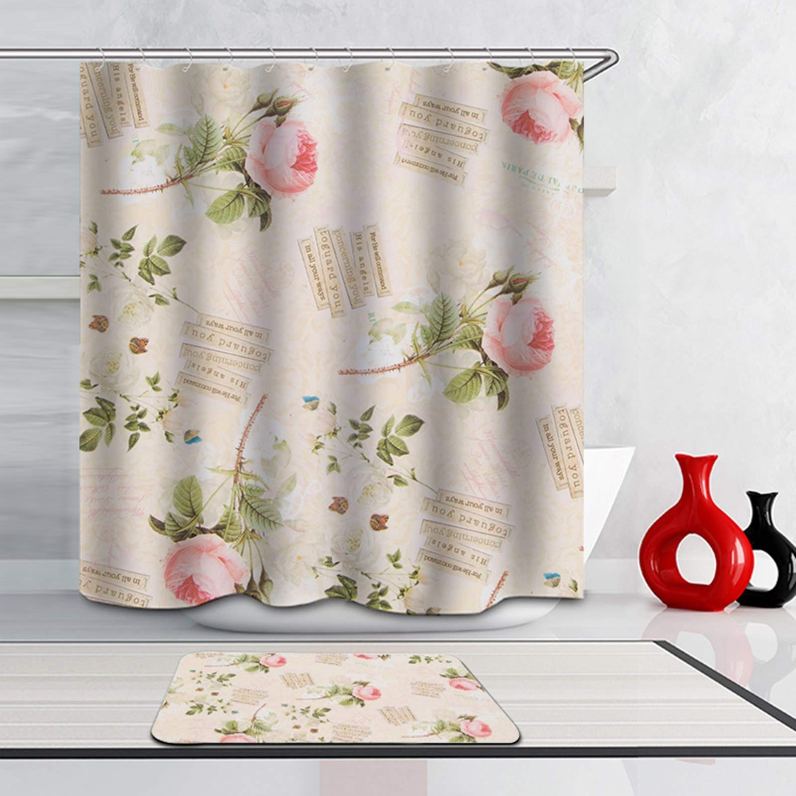 Daesar Dywaniki łazienkowe pod prysznic antypoślizgowe 40 x 60 kwiaty zasłona łazienkowa 180 x 180 cm zapobiegające powstawaniu pleśni, zestaw 2-częściowy