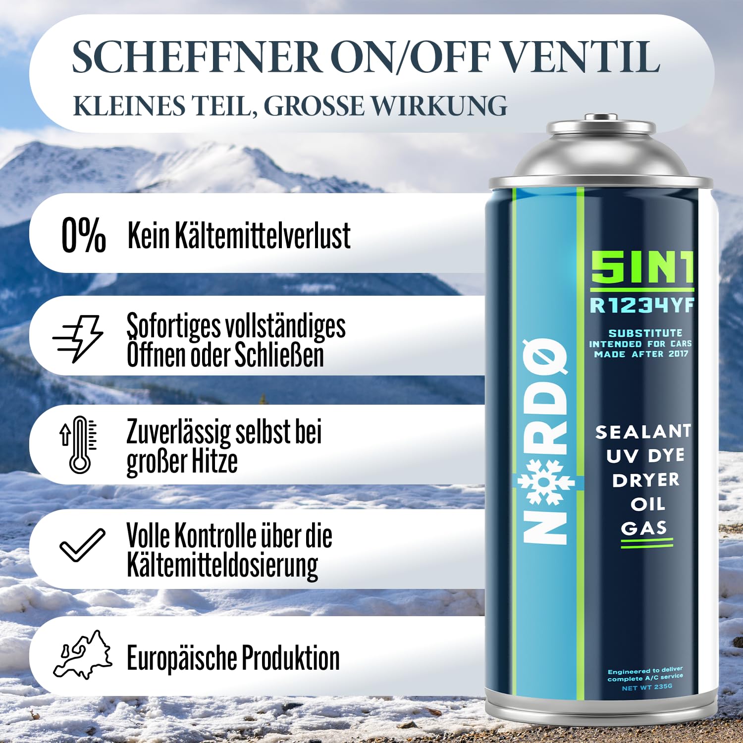 Nordo - 5in1 R1234yf XL + Schlauch + YF-Adapter für Auto Klimaanlage mit Öl, Dichtungsmittel, UV-Farbstoff, Trocknungsmittel – Schnelle Anwendung – Schützt den Kompressor – 2x235 g
