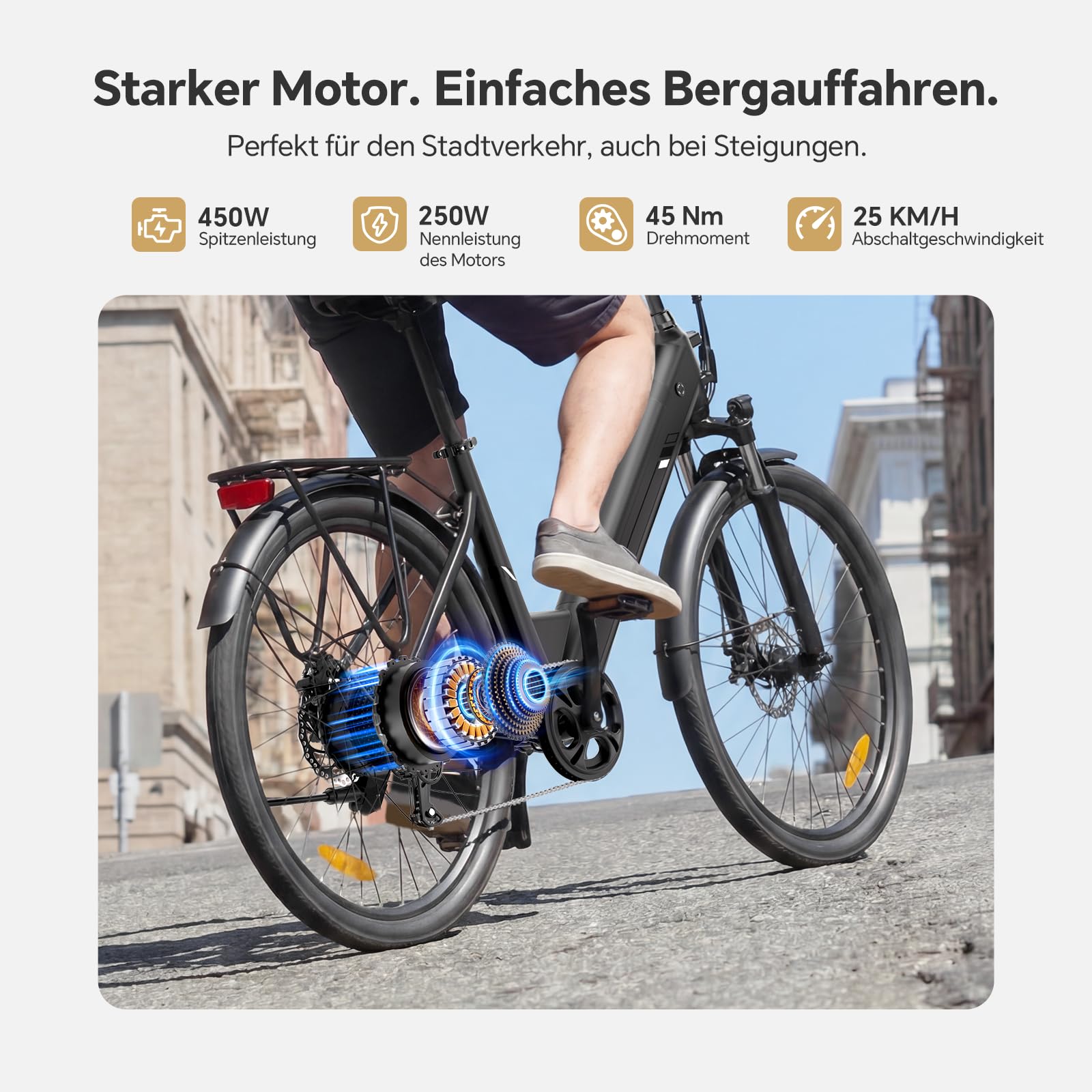 Touroll J2 /J2 ST Pro 26'' E-Bike Damen Herren City Trekkingrad mit Hydraulischen Scheibenbremsen, 250W Motor, 100km Reichweite, Abnehmbarer Akku,7 Gänge, Pedelec E-Citybike für Erwachsene