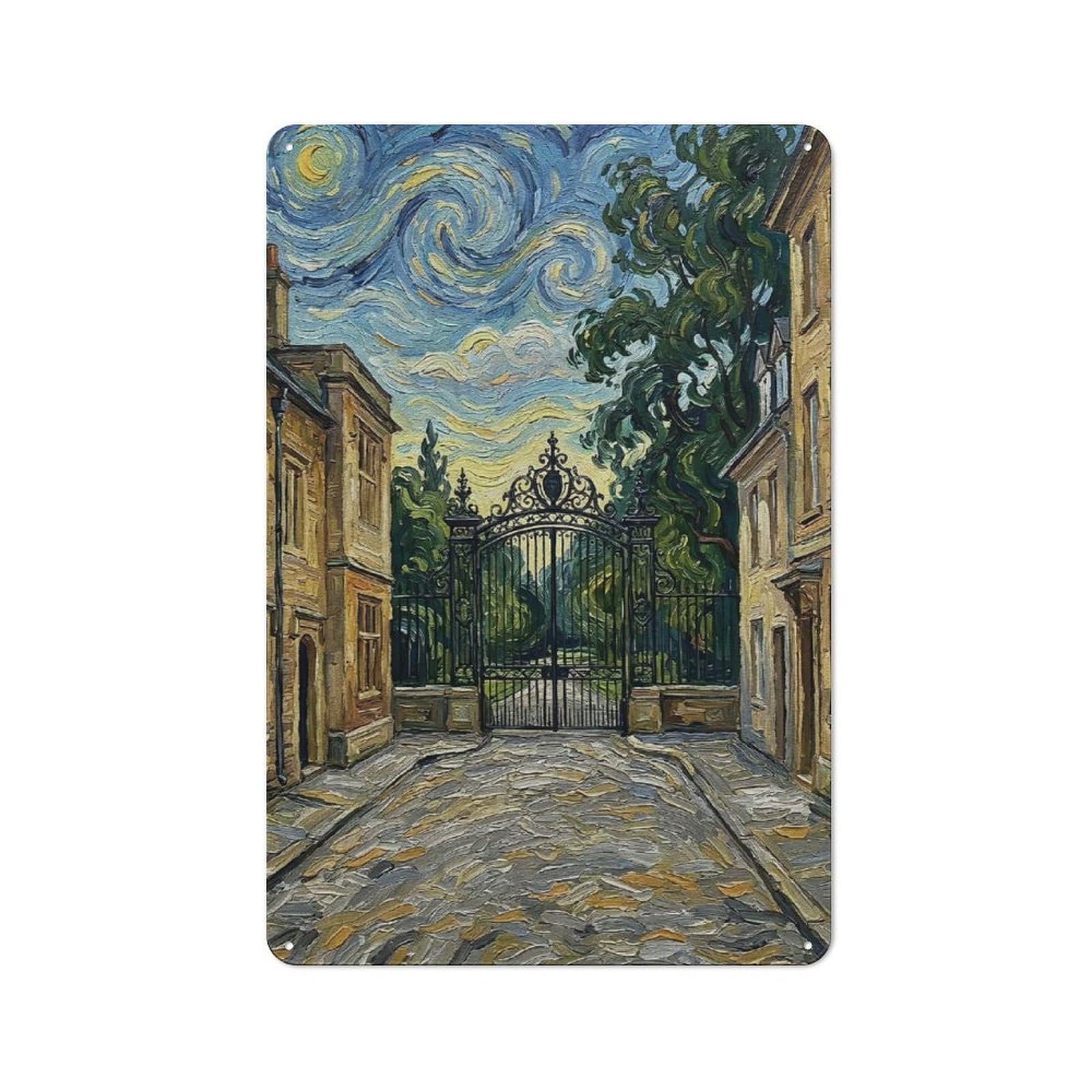 Junmoney Style-9 Retro Metal Plaque 30X20cm Featuring Ornate Gate In Starry Night Style For Workshop Wall, For Metal Sign Collectors, For Garage And Workshop Walls