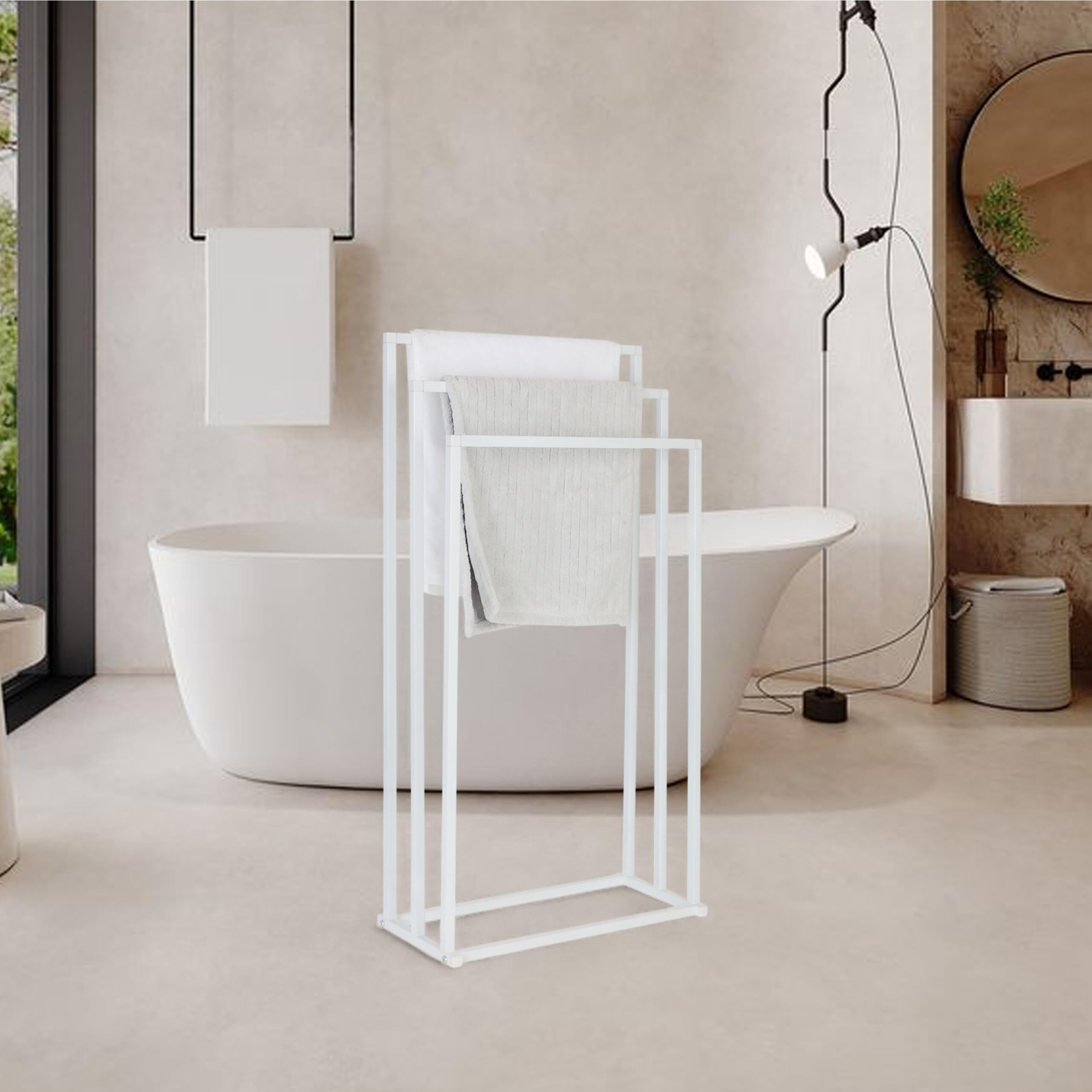Porte-Serviettes sur Pied Relaxdays, H x L x P : 84 x 44 x 21,5 cm, métal, 3 Barres, Salle de Bains, Blanc