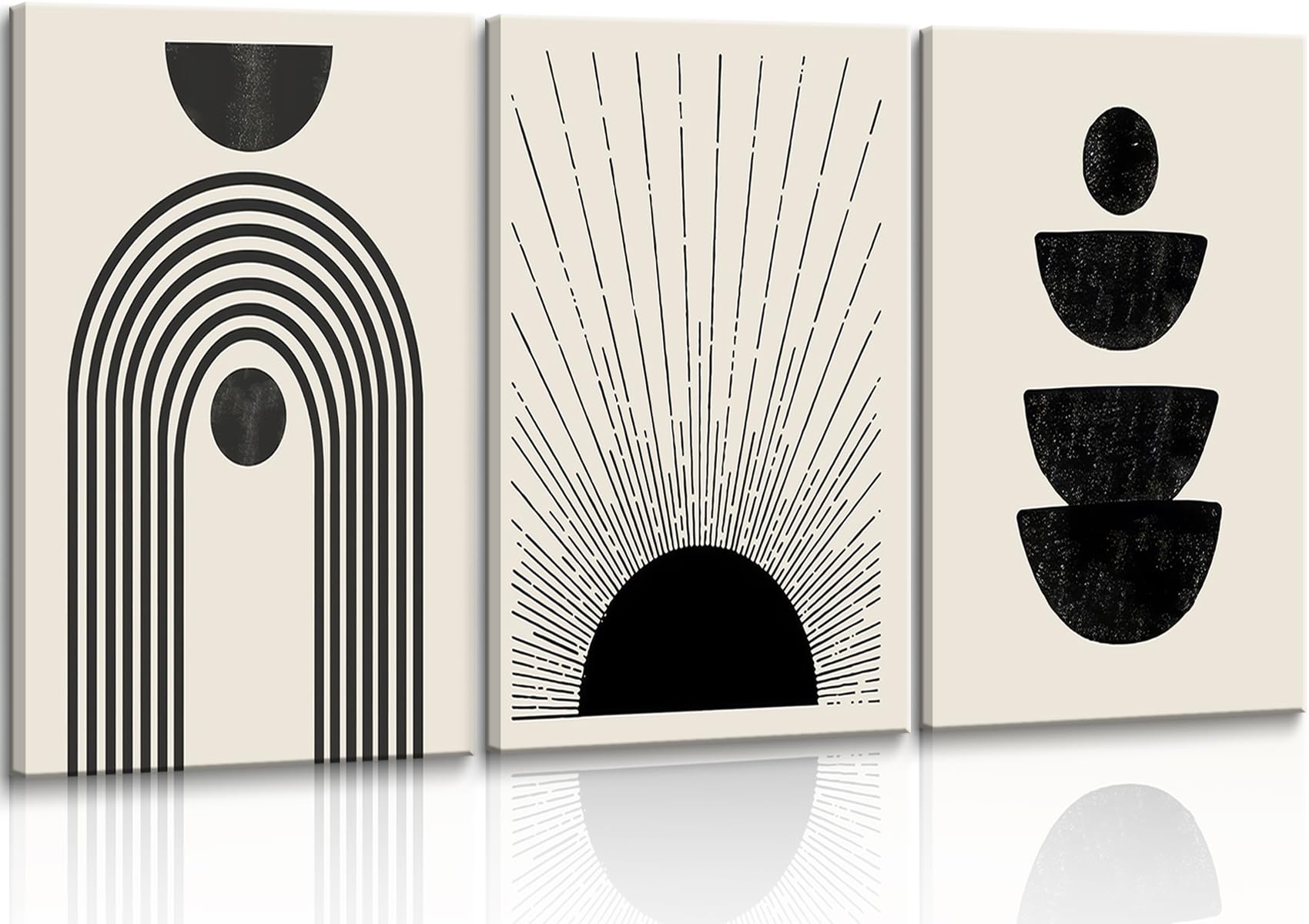 3pcs Framed Boho Wall Art Mid Century Modern Wall Decor Abstract Beige Neutral Geometric Posters Black Line Canvas Prints Pictures Minimalist Sun Artwork Ready To Hang for Living Room Bathroom Bedroom