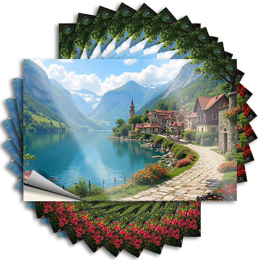 Lettering Sticker Unique Indoor Badass Bottle A Picturesque Village Nestled By A Serene Lake, Surrounded By Majestic Mountains - Scratch Resistant Stickers(8X12CM)