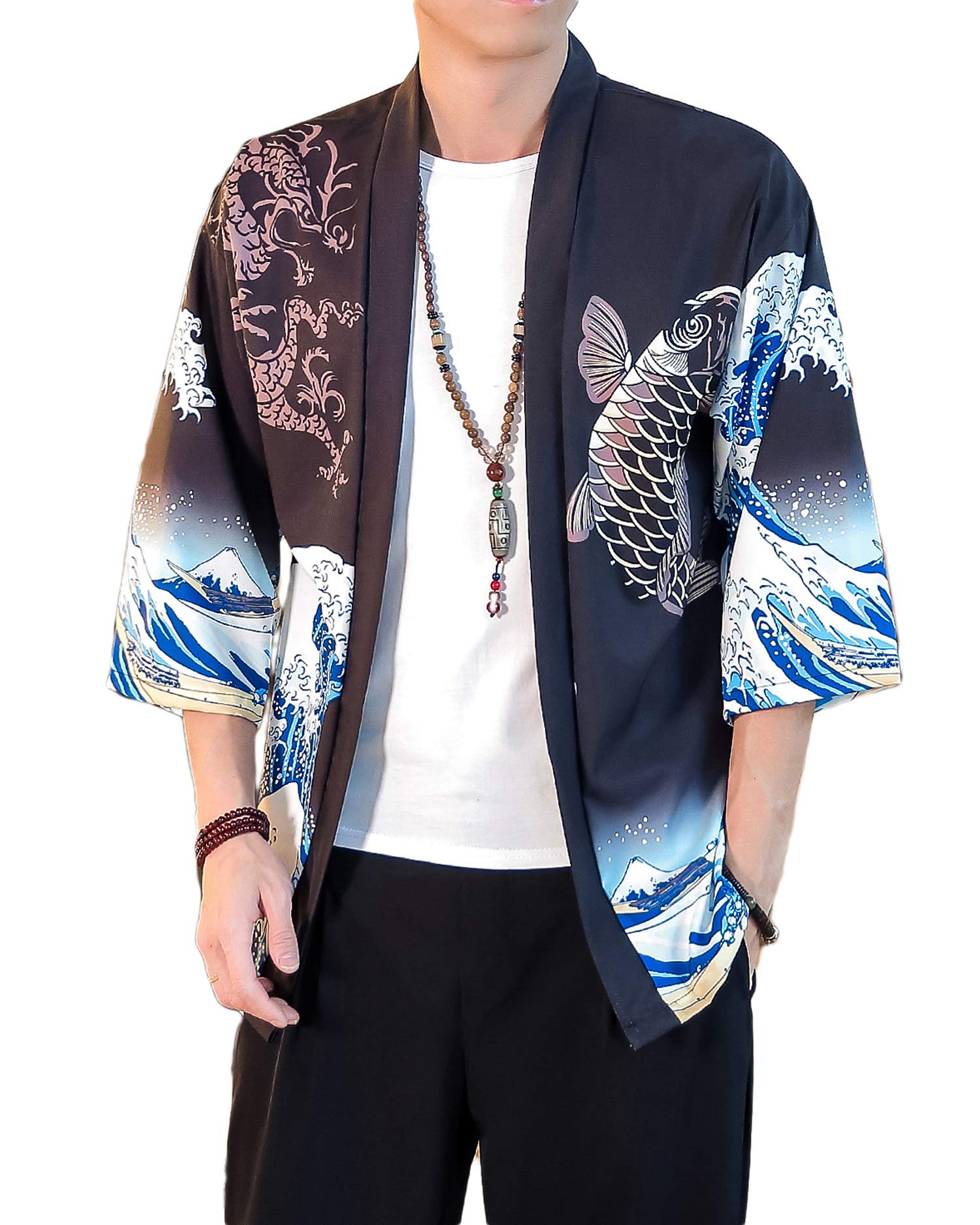 Men's Kimono Jacket Lightweight 3/4 Sleeve Kimono Cardigan Japanese Robe