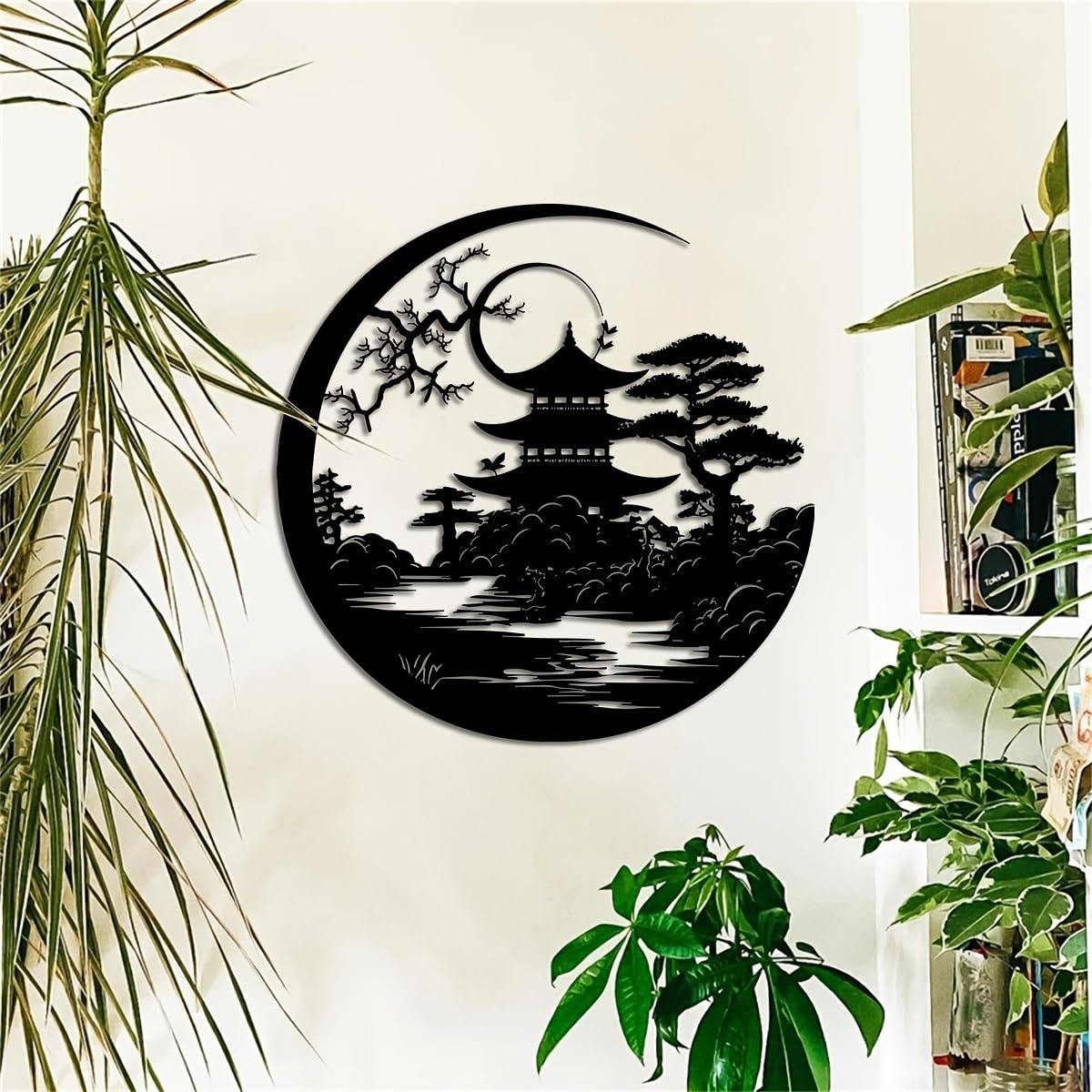 Decoración de pared abstracta contemporánea de metal, arte Art Déco, puerta Torii, 40 x 40 cm, pagoda japonesa y escena de la naturaleza, escultura de hierro, para interiores y exteriores, elegan