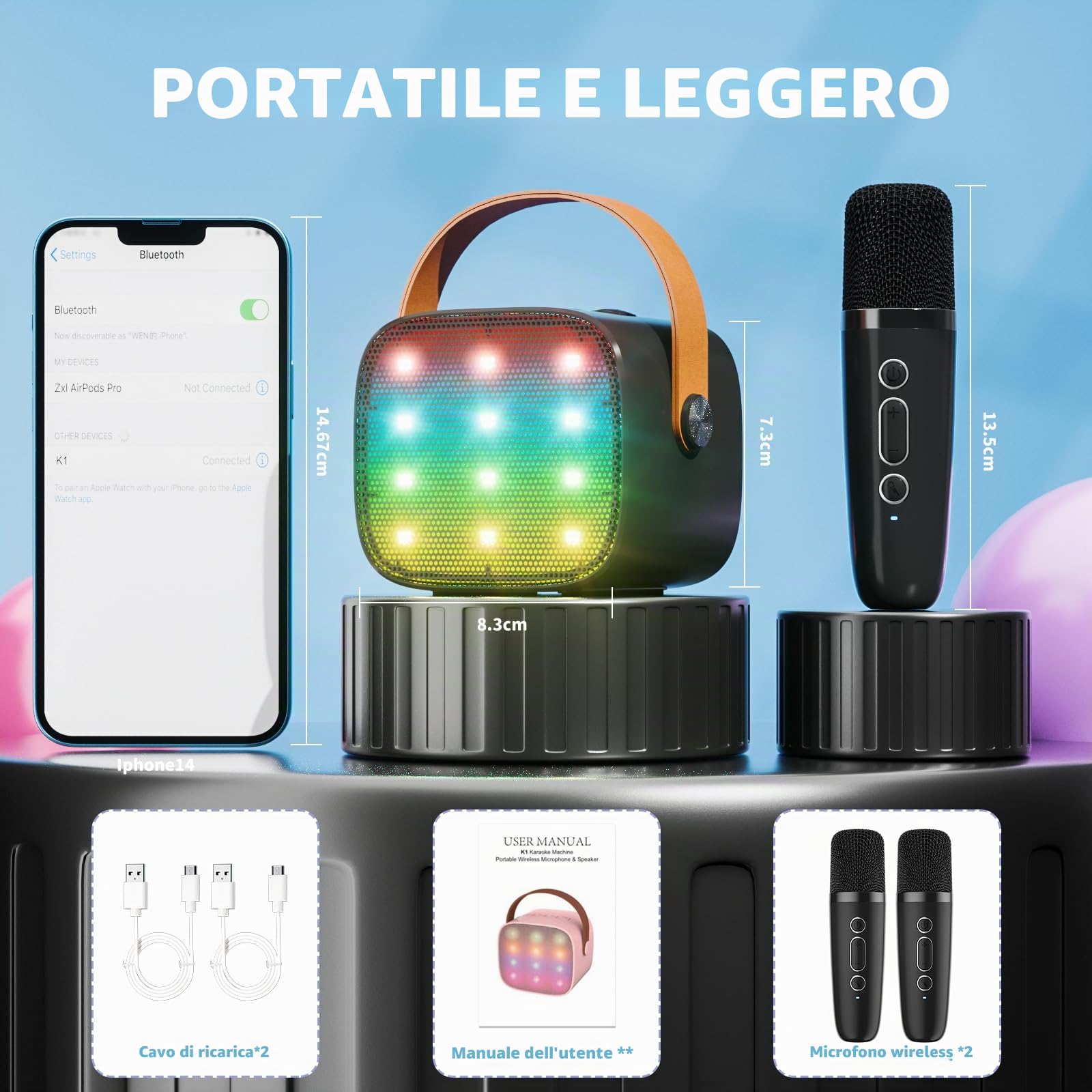 Ankuka Karaoke per Bambini Karaoke con Microfono Karaoke Cassa Bluetooth con 2 Microfoni, Regalo Bambina Giochi Bimba Regalo Compleanno per 3, 4, 5, 6, 7, 8, 9,10,11,12+ Anni (Nero)