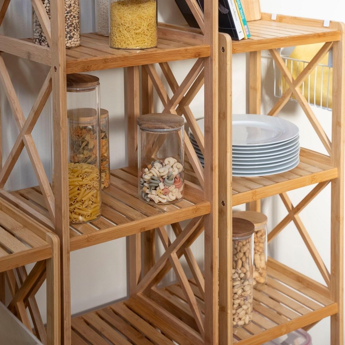 Estantería de pie de bambú natural con 5 baldas alistonadas de 37x33x153 cm | Estante de baño para almacenaje con laterales en cruz decorativos. Resiste 5kg por balda.