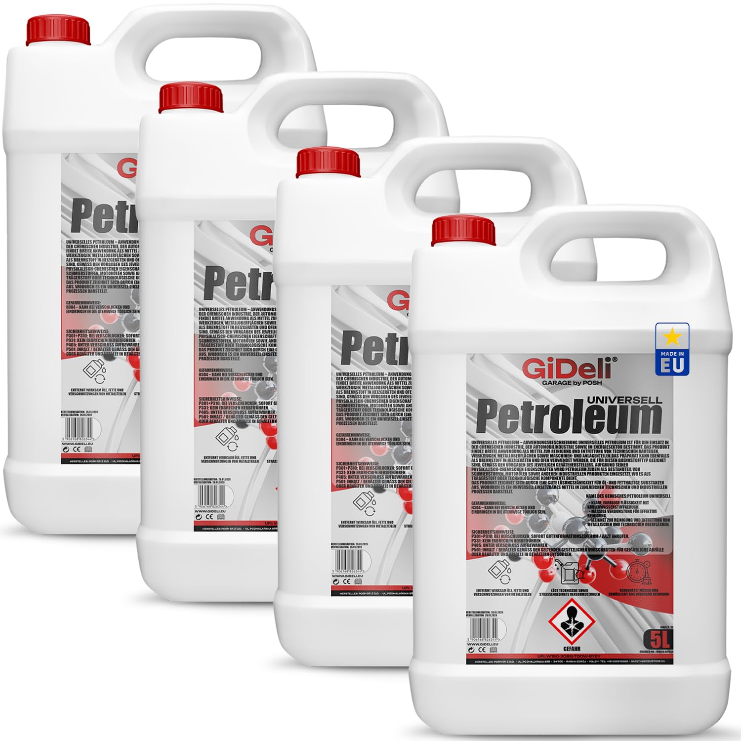 GiDeli Petroleum 4x 5L - Hochreiner Brennstoff für Petroleumlampen, Öllampen, Laternen, Fackeln & Camping - Lampenöl gerucharm, Glänzend - Made in EU