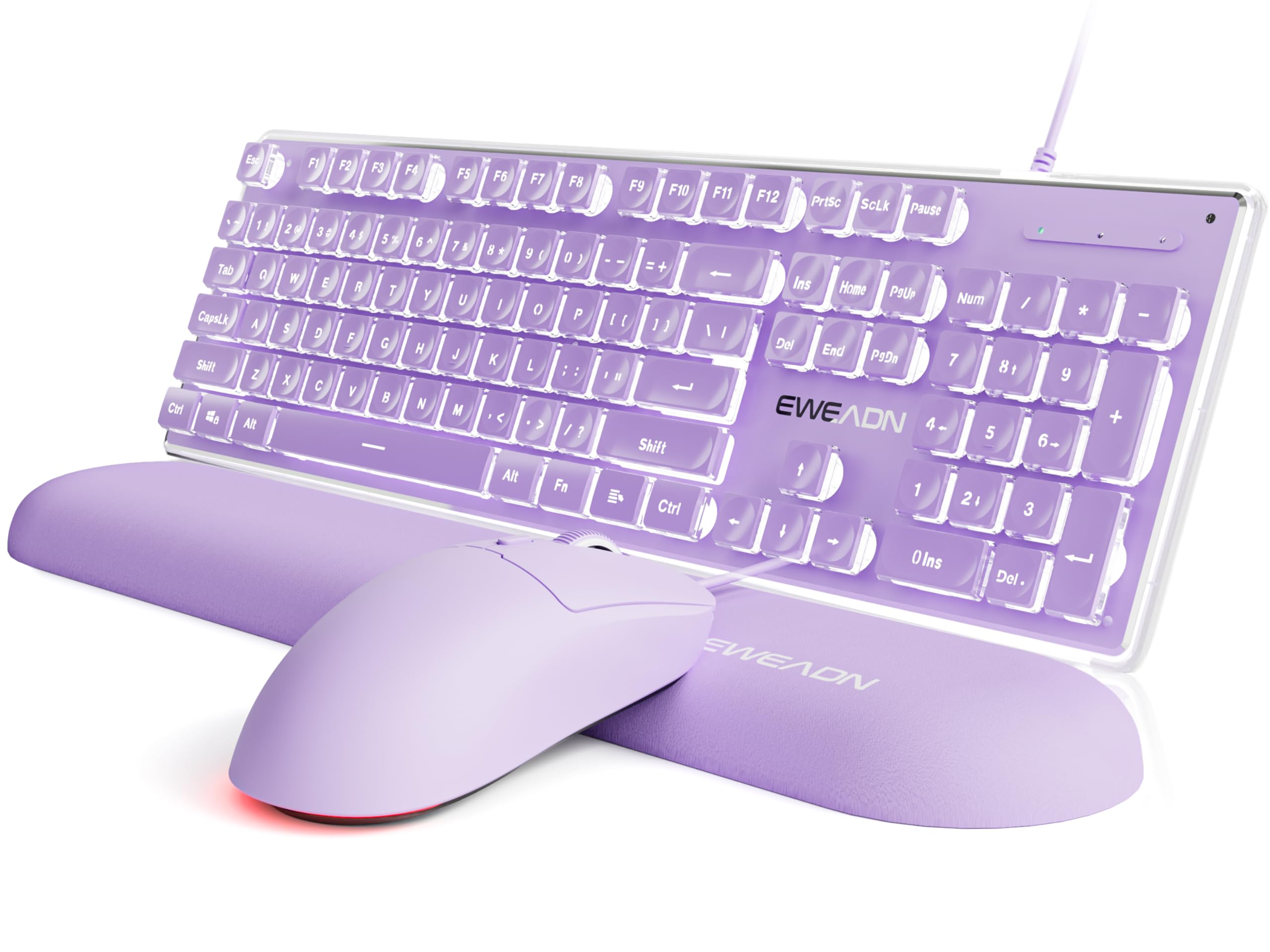 EWEADN GX710S Wired Keyboard and Mouse Combo with White Backlit Pudding Keycaps, Wrist Rest, Full Size, Metal Panel, Quiet Cute Ergonomic Computer Keyboard Mouse Set for Windows PC Desktop - Purple