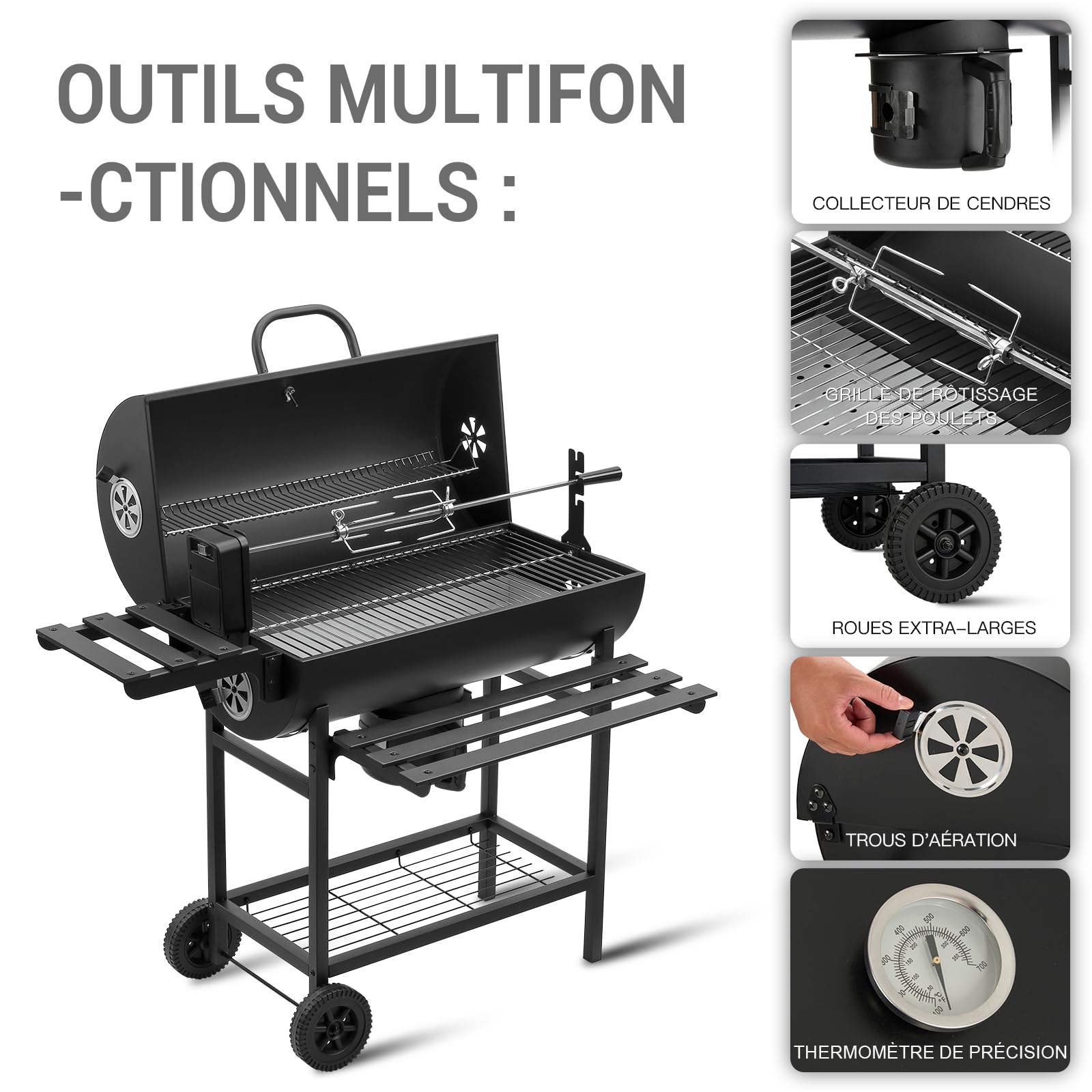 TEENO Grill XXL de carbón de madera, carrito de barbacoa con parrilla de pollo, barbacoa de carbón con tapa para jardín, terraza y camping