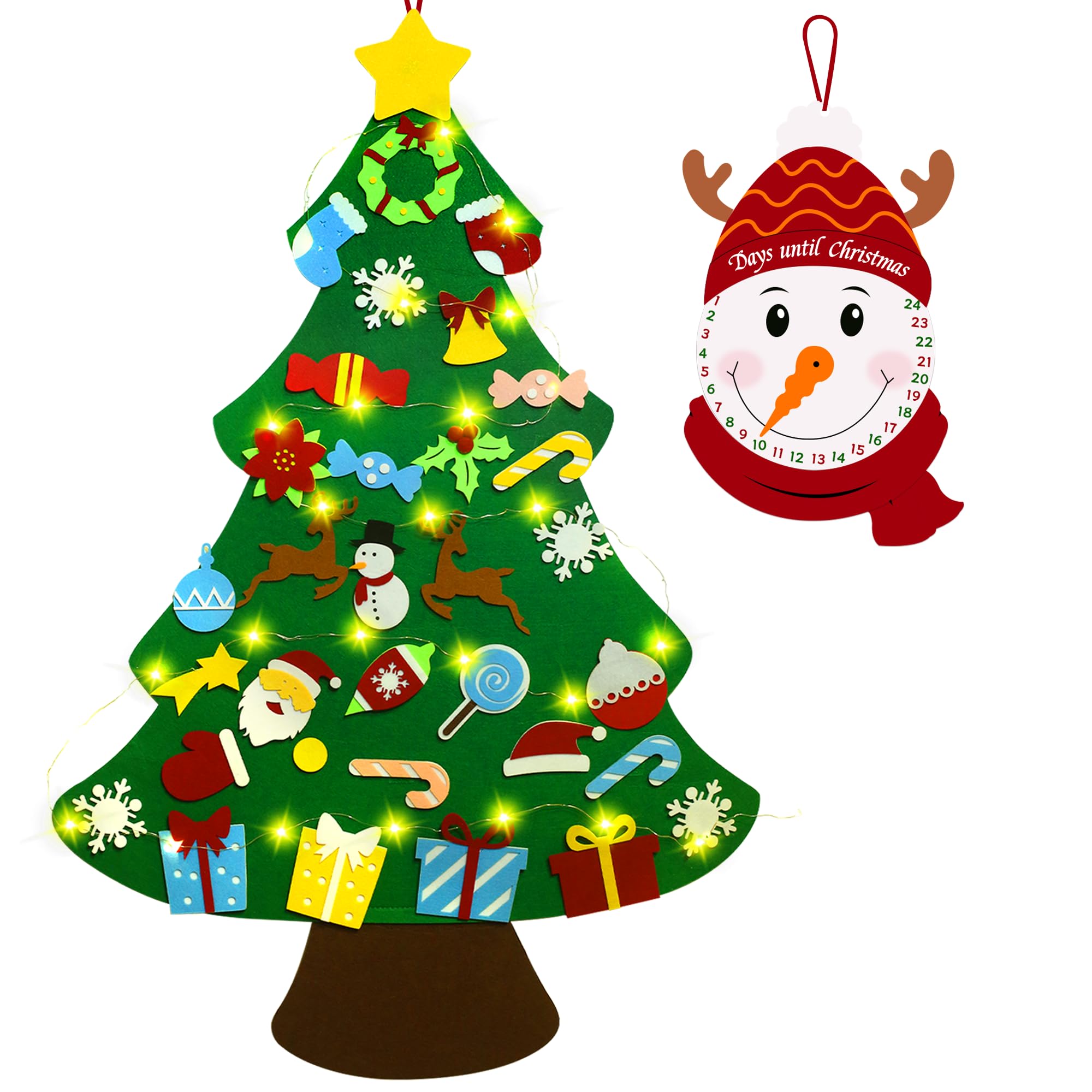 Flechllary 3ft DIY Felt Christmas Tree for Toddlers, Set Plus Snowman Advent Calendar with 33 Removable Ornaments, Wall Hanging Xmas Gift for Kids with String Lights (Batteries Not Included)