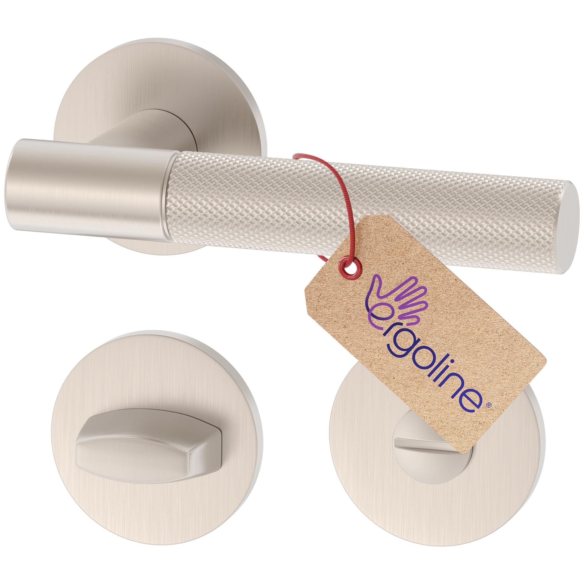 ERGO line LEA Premium Poignée de porte avec poignée moletée, rosace ronde, Nickel brossé, poignées pour les portes de salle de bains, ensemble de poignées de porte, béquille de porte