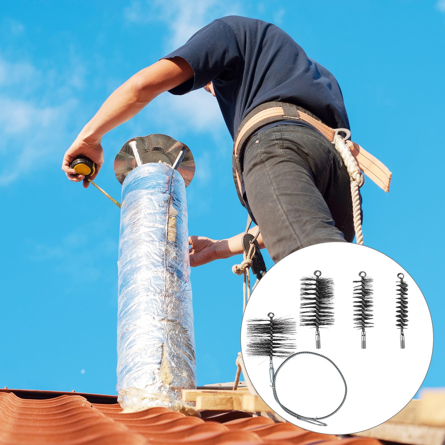 QWORK® set di spazzole per tubi da forno in 5 parti - Spazzole in acciaio di 30mm, 50mm, 80mm, 150mm con filo di acciaio di 1m - Efficiente per camini, caldaie e altro.